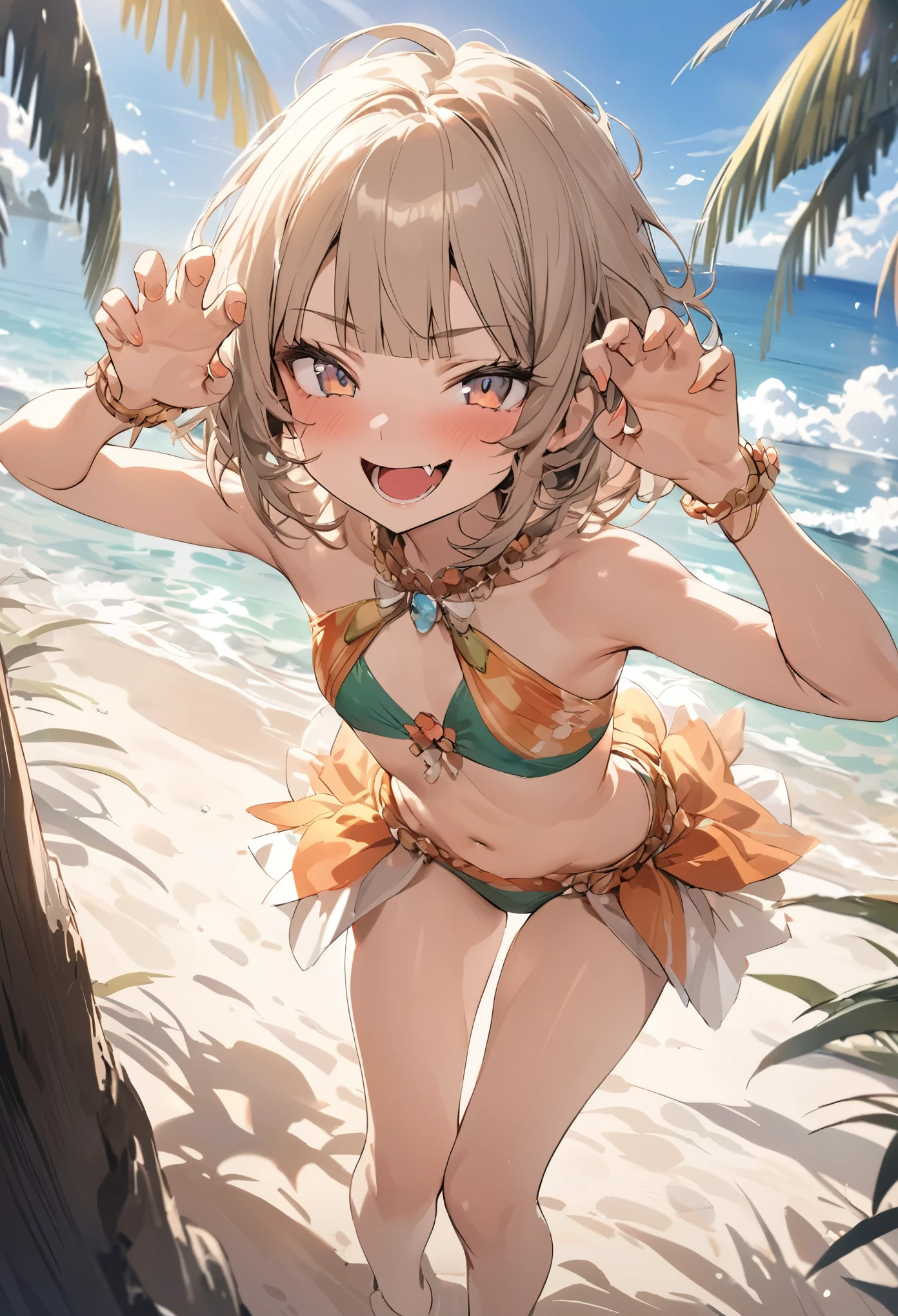 ((Masterpiece)), ((best quality)), (Anime:1.4), (super detail:1.2), (High Definition:1.3), (Professional Photography:1.3), (wide shot), (sharp focus), (perfect light), (()), 1girl, ((wearing Hula Dance Costumes)), cinematic lighting, Textured skin, messy hair, (loose blunt bangs), teenage girl, Healthy stomach, (Healthy slim body), small breasts, cute eyes, ((naughty face)), (open mouth), pale brown hair, Cute Beautiful girl, Thin accessories, ((claw pose)), (on the Beautiful beach)