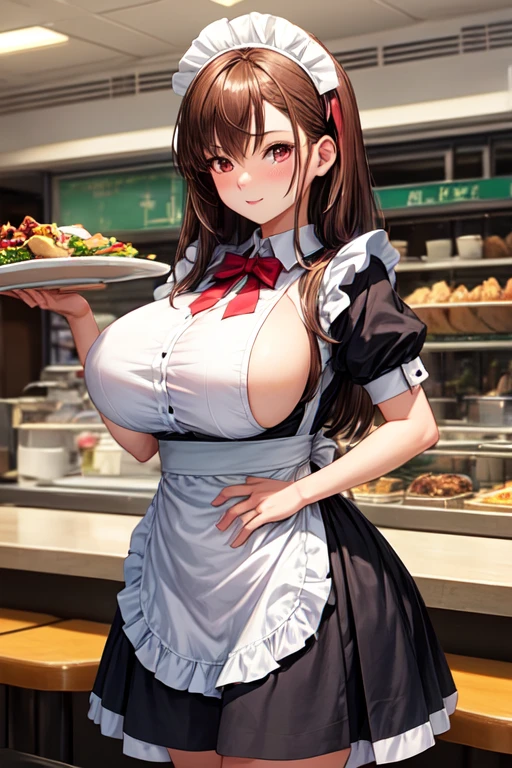 creates a 24-year-old anime girl dressed as a maid with wide hips and big breasts and brown hair and red eyes in a cafeteria landscape