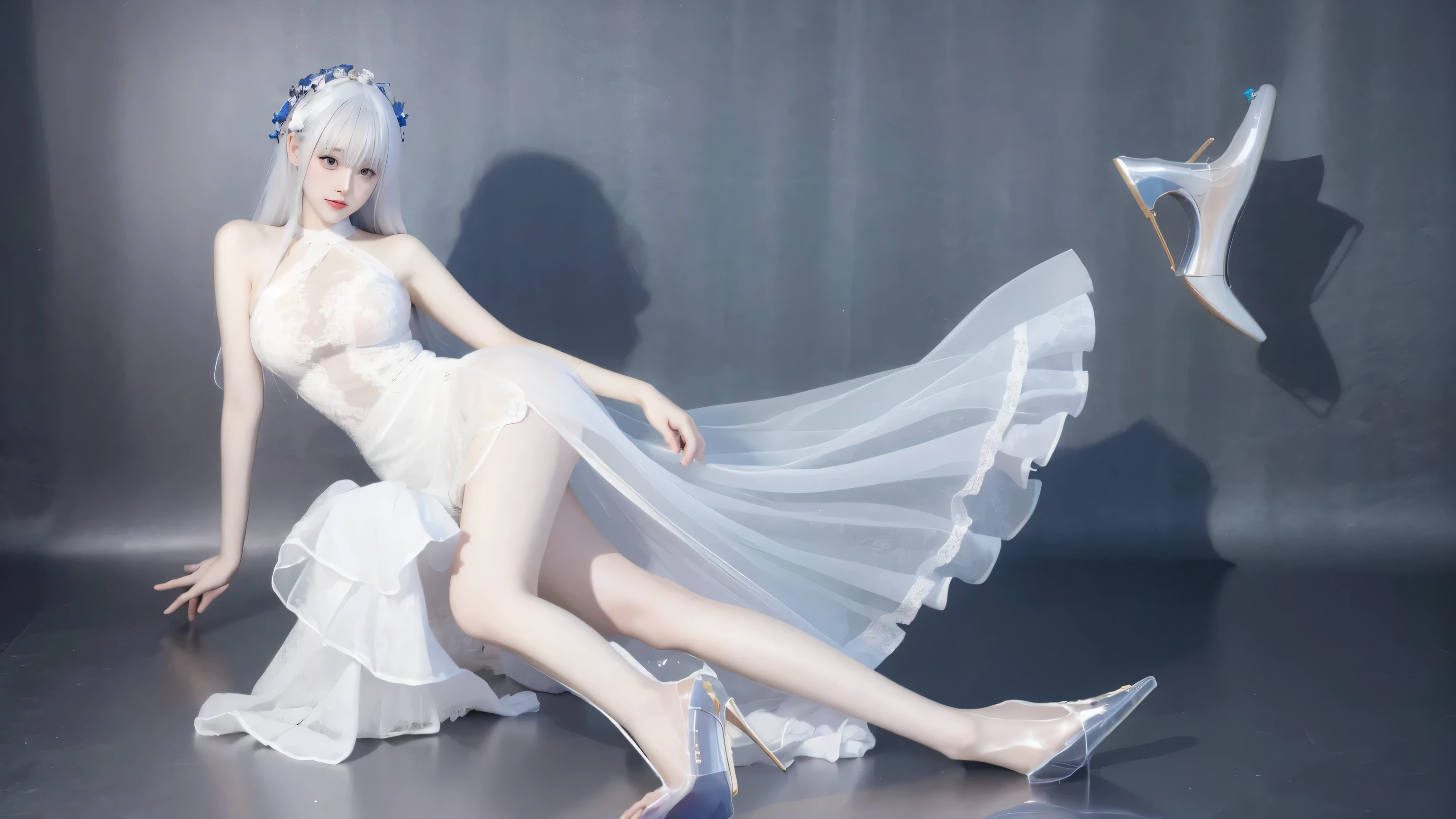 8k, surreal, masterpiece, best quality, super detailed, high resolution, random background, 1 girl, (:1.5), Yao Liu, white dress,colored hair,translucent,whole body,High heel transparent wedding dress,High heel,whole body,rich and colorful
