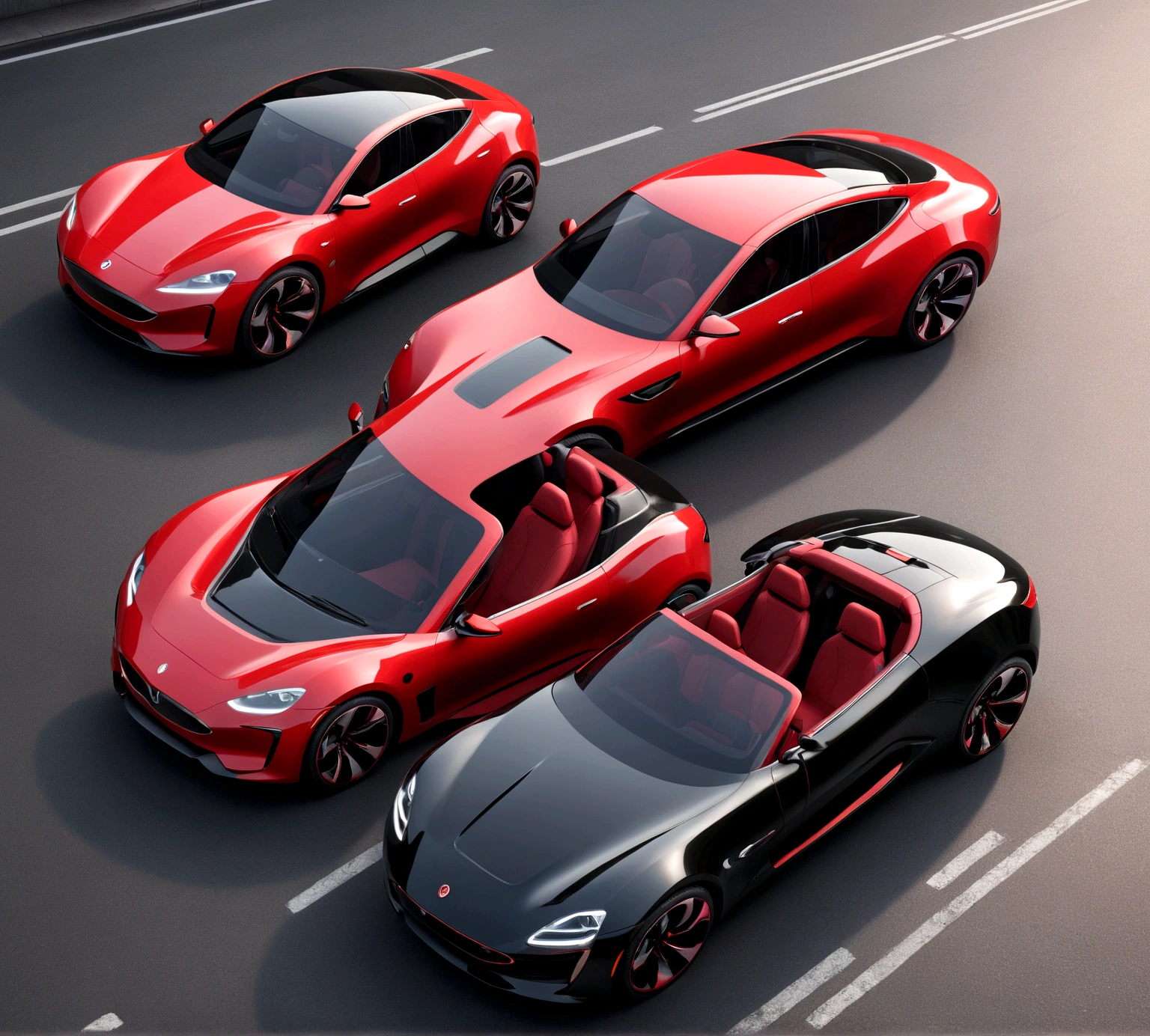 Close up of a small red and black car with red seats, Front perspective, Karma Electric Vehicle, depicted as a 3 d render, front Photo, Traffic design renderings, red realistic 3 d render, It has red and black paint, Redshift Rendering, author：Kurt Rosch, Vehicle Design Trends, Height Rendering