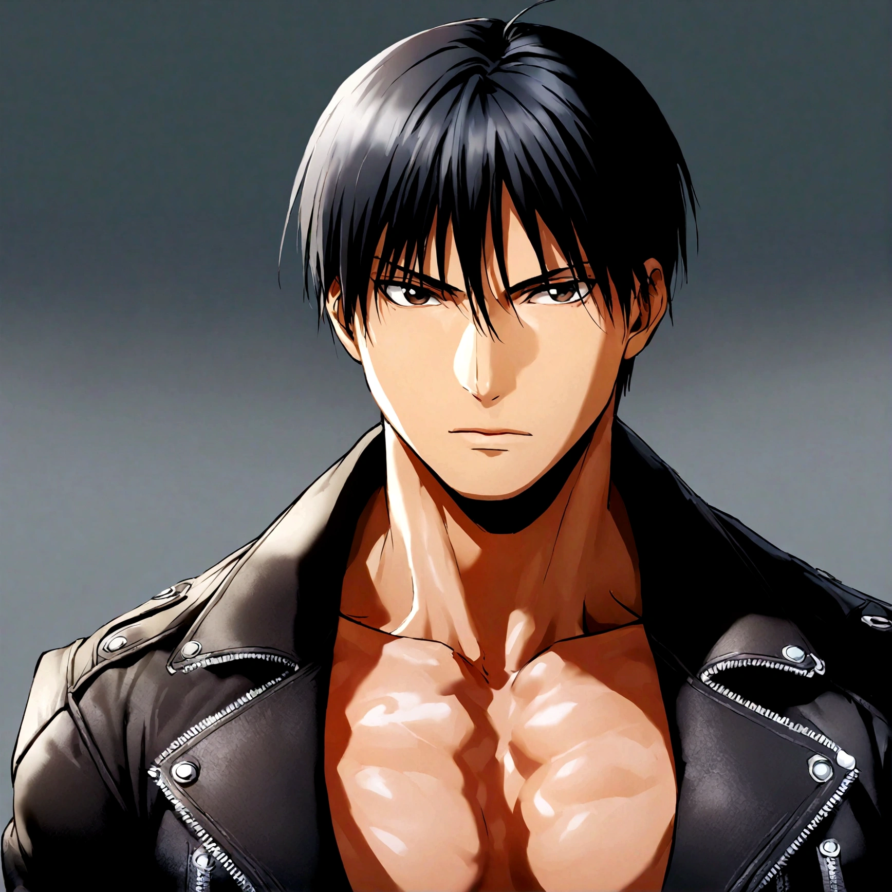 Roy Mustang from Fullmetal Alchemist, wearing a jacket, bodybuilder, shirtless