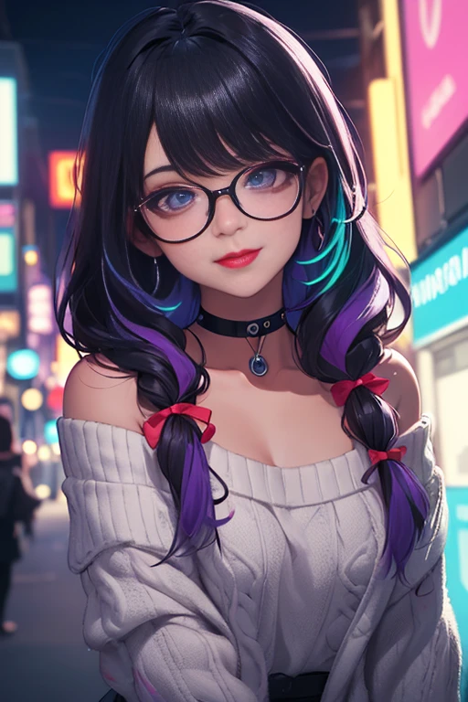 (Best quality, Ultra detailed, Masterpiece:1.2), 1girl, perfect face, female, gamer girl, aqua eyes, cherry-red lips, light smile, long black hair, purple streaked hair, purple highlights, bangs, ribbon, choker, nerdy glasses, white off-shoulder sweater, nighttime, neon lights in the background, colorful lights