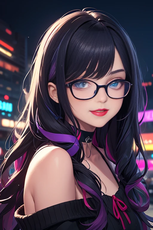 (Best quality, Ultra detailed, Masterpiece:1.2), 1girl, perfect face, female, gamer girl, aqua eyes, cherry-red lips, light smile, long black hair, purple streaked hair, purple highlights, bangs, ribbon, choker, nerdy glasses, white off-shoulder sweater, nighttime, neon lights in the background, colorful lights