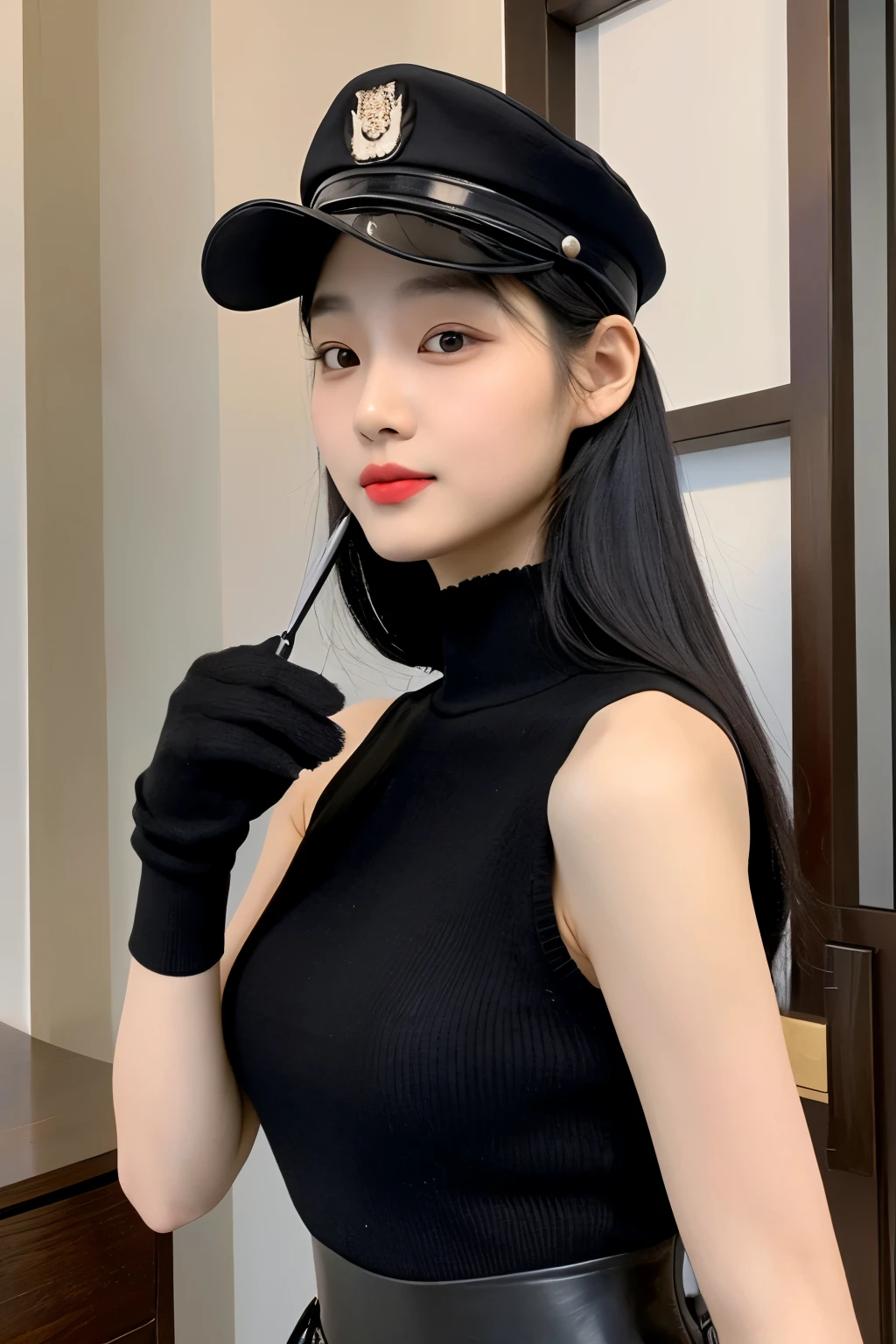 22 years Old young South Korean woman, police black shirt and skirt and black gloves, beauty face, Cute face, thin, long sleek Straight hair style, lipstick, sit at home, with black vest, with military cap, with military masj