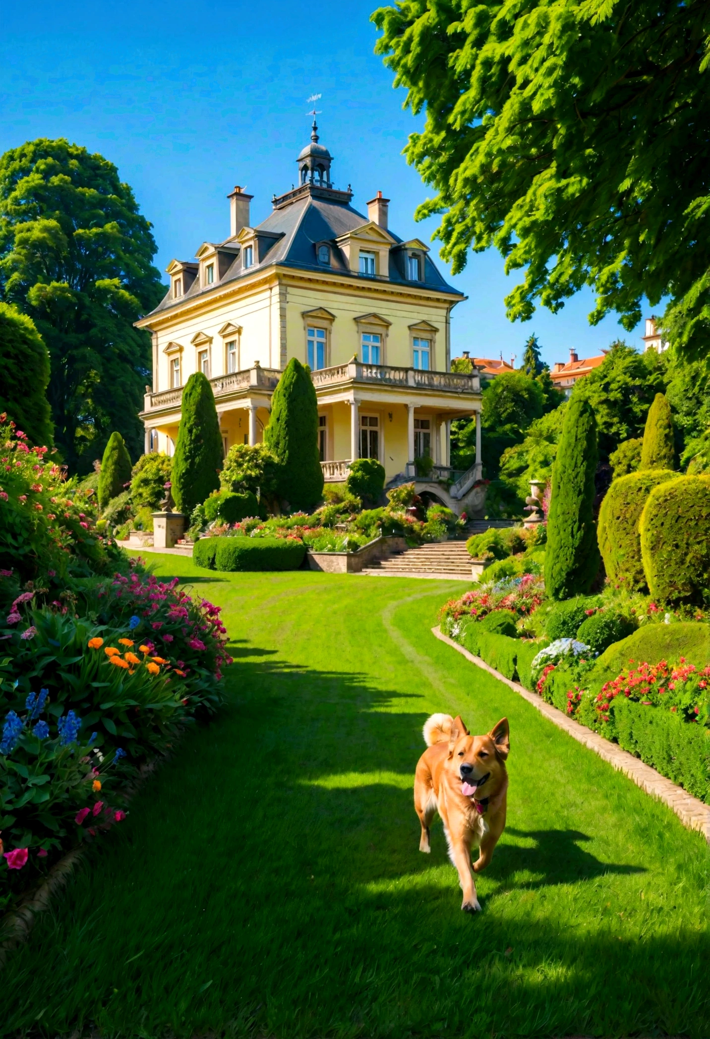 Outdoor garden with bright flowers and greenery on high ground. Lunch table and sofa under covered gazebo in front. Large grassy dog running under a clear blue sky. The magnificent mansion adds to its luxurious charm. The air is full of heat. Paisagem urbana de Praga muito abaixo.