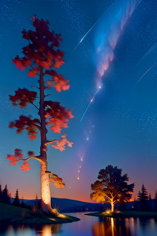 A painting of a sky, landscape trees, pond, glowy stars, backglow, pink moon:: 5, (((twinkling stars))):: 5, pond water all aglow, 💫✨star light 🌟, divine sky, full moon.