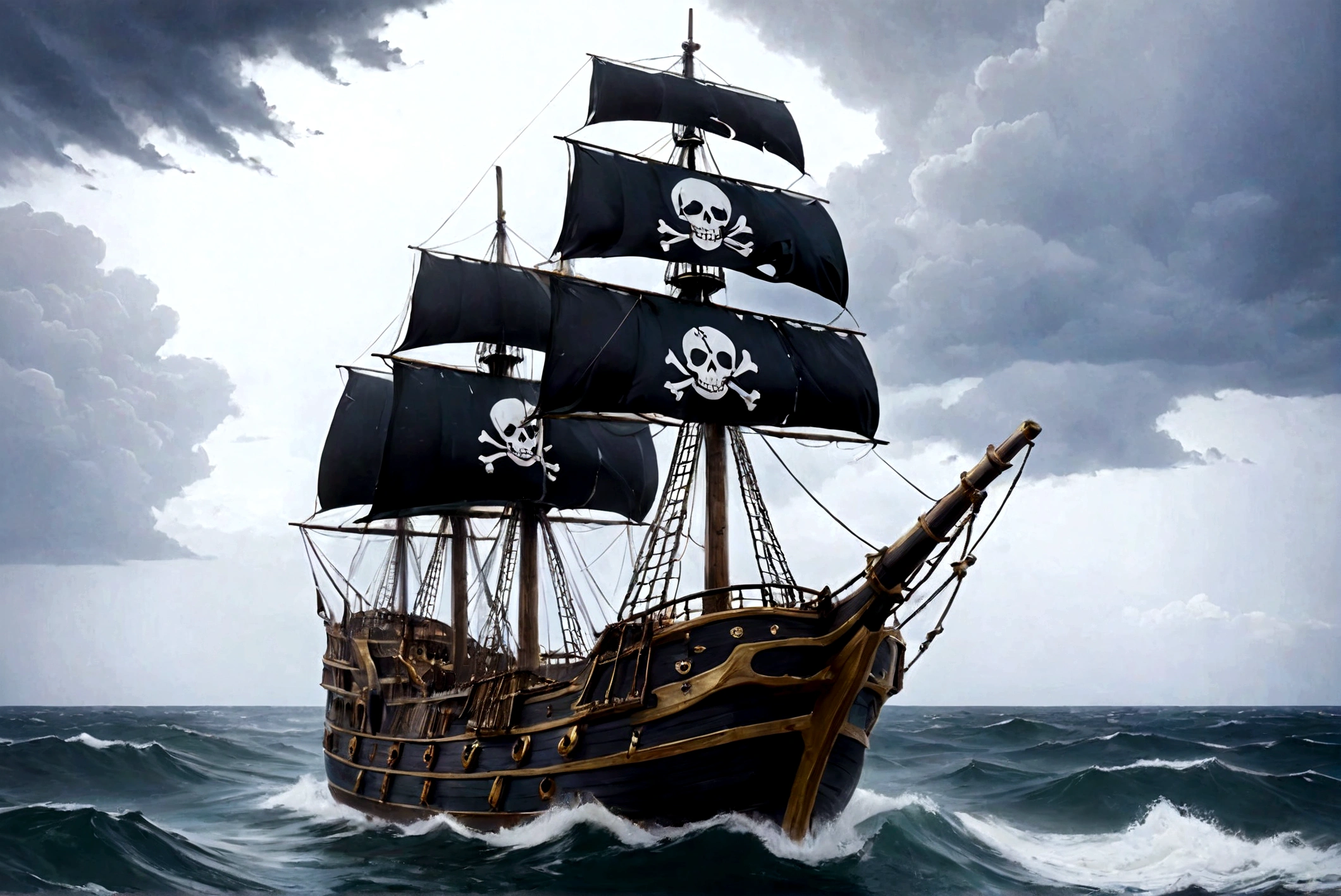 Realistic，overtake細緻，Award-winning masterpiece，Full body portrait，（（overtake高分辨率16k濃彩肖像）），In the deep sea，A large pirate ship waves on a rough sea，There is a black skull and crossbones flag on it，overtakeRealistic，overtake，vibrant light，storm，cloud，lightning，Bad weather movie background