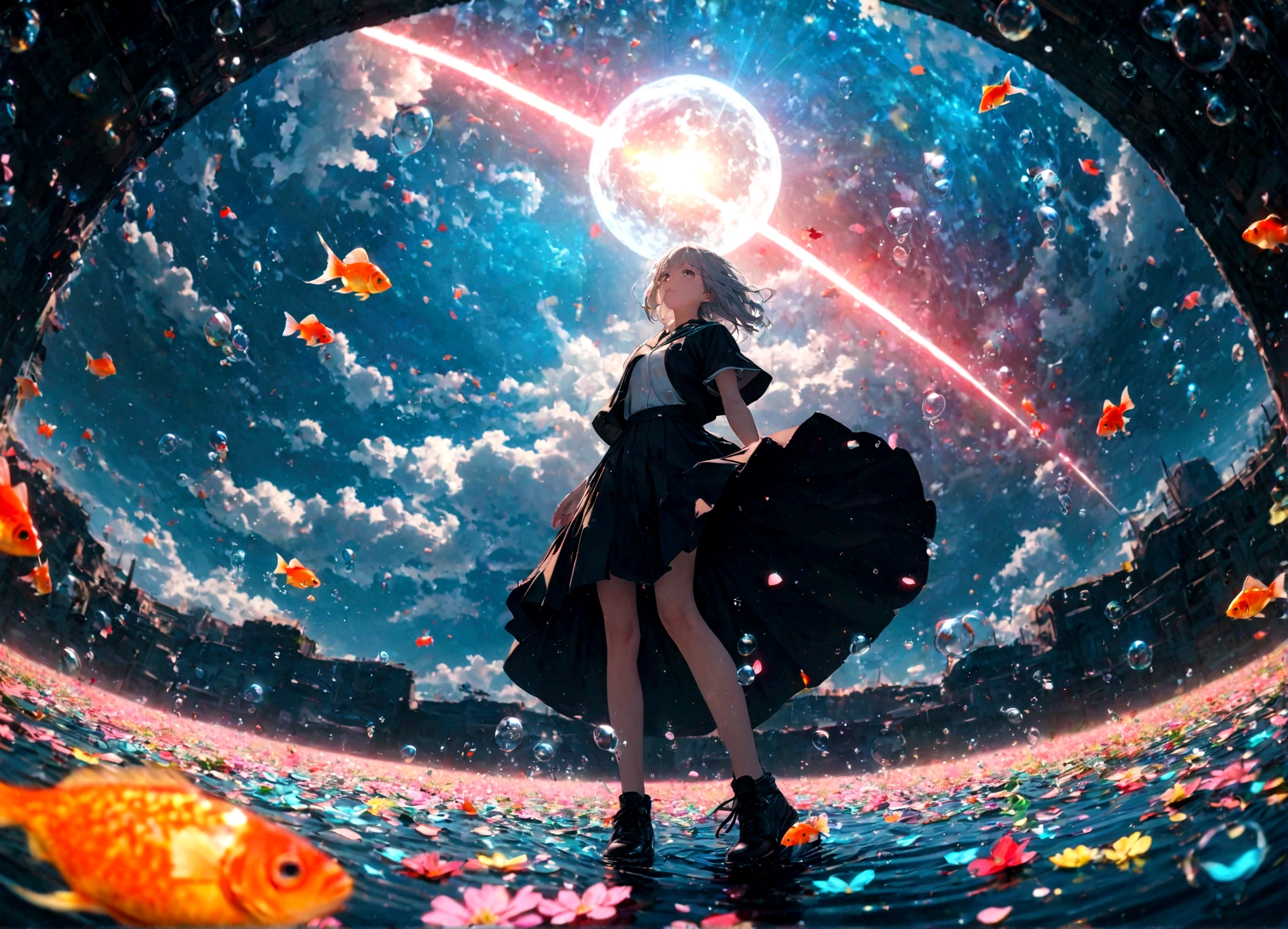 (woman\(, 15 yearhort silver hair floating, Space-colored eyes, school black uniform, Pale skin, Tired face、lack of shine in the eyes\) Looking up at the sky), (Many shiny red scale goldfish swimming in the air), (Transparent bubbles, like those in water, sparkle here and there in the sky.), Beautiful sky, Beautiful Clouds, There is a puddle on the ground、The scenery is beautifully reflected,  Colorful summer flowers are blooming everywhere., You can feel the wind blowing through the colorful petals., There is a noon moon and a noon star in the sky,From below, break ,quality\(8k,非常に精細なCGユニットのwallpaper, masterpiece,High resolution,top-quality,top-quality real texture skin,Surreal,Increase the resolution,RAW Photos,最高quality,Very detailed,wallpaper,Cinema Lighting,Ray-tracing,Golden Ratio\),