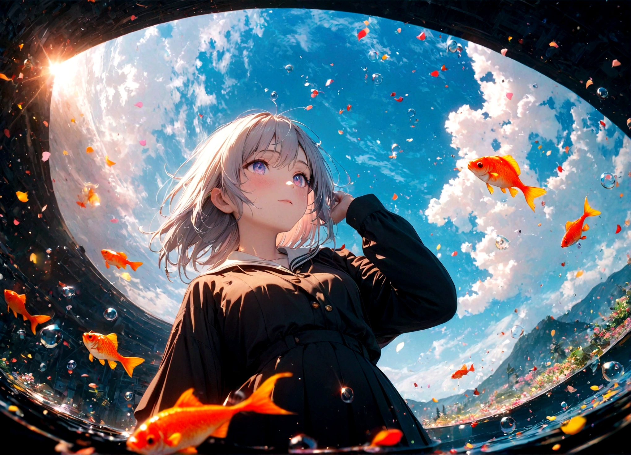 (woman\(student, 15 years old, JK, Short silver hair floating, Space-colored eyes, school black uniform, Pale skin, Tired face、lack of shine in the eyes\) Looking up at the sky), (Many shiny red scale goldfish swimming in the air), (Transparent bubbles, like those in water, sparkle here and there in the sky.), Beautiful sky, Beautiful Clouds, There is a puddle on the ground、The scenery is beautifully reflected, Colorful summer flowers are blooming everywhere., You can feel the wind blowing through the colorful petals., There is a noon moon and a noon star in the sky,From below, break ,quality\(8k,非常に精細なCGユニットのwallpaper, masterpiece,High resolution,top-quality,top-quality real texture skin,Surreal,Increase the resolution,RAW Photos,最高quality,Very detailed,wallpaper,Cinema Lighting,Ray-tracing,Golden Ratio\),