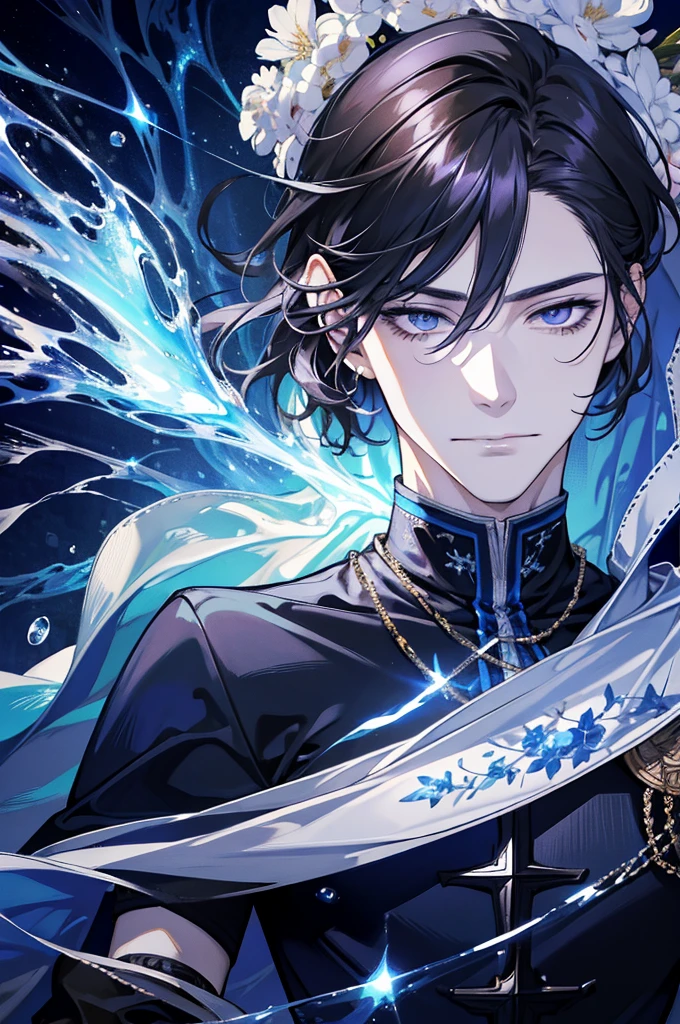 (absurdres, highres, ultra detailed), 1 male, adult, handsome, tall muscular guy, broad shoulders, finely detailed eyes, dark color hair, fantasy, complex pattern, detailed face, throne, magic effect, best ratio four finger and one thumb, ice, bitter cold, cold snap, smile, (dutch angle), closed mouth