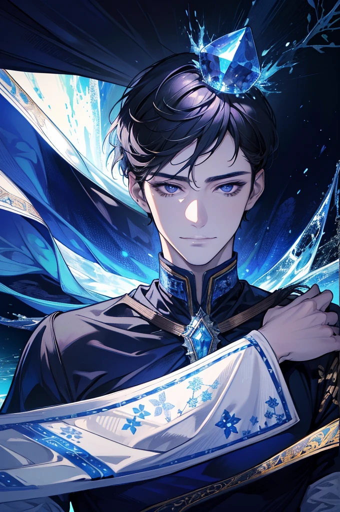 (absurdres, highres, ultra detailed), 1 male, adult, handsome, tall muscular guy, broad shoulders, finely detailed eyes, dark color hair, fantasy, complex pattern, detailed face, throne, magic effect, best ratio four finger and one thumb, ice, bitter cold, cold snap, smile, (dutch angle), closed mouth