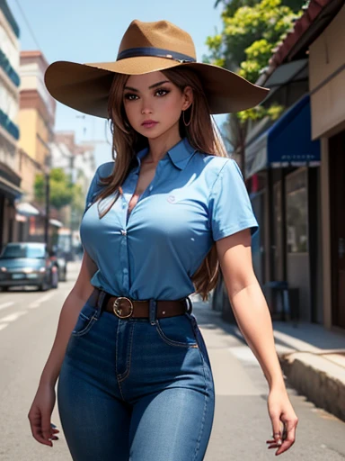 {Hyper-realistic dynamic vision, crisp, clean image and UHD 16K} Debby Ryan bonita com cintura fina e quadris finos, em estilo country (xadrez azul e preto fino dress shirt, camisa justa), destacando-se em uma cidade ocidental. Sua pele bronzeada brilha ao sol poente, "suor", large symmetrical and radiant green eyes, cabelo castanho ondulado cai suavemente sobre os ombros. She wears a brown cowboy hat, xadrez azul e preto fino, camisa social justa, jeans desbotado, e botas de couro bordadas. It's on a dirt street surrounded by typical Western wooden buildings. The local saloon has swinging doors and a porch where cowboys chat. The barbershop has a rotating plate and the blacksmith shop next door is active with the sound of hammering. Horses tied to wooden posts and a hay cart passing by complete the scene.. The golden light of the sunset casts shadows and bathes the city in a warm glow, capturing the vibrant essence of the old west.