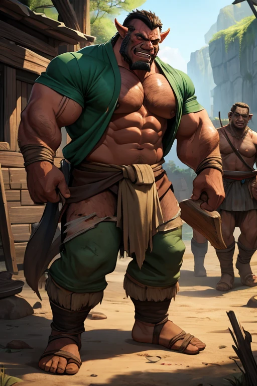 Medieval fantasy Human prisoners in an Orc village butchering a freshly hunted boar for the tribe to cook later. Skin turning dark green. Sweat. Muscles. Dirt. Worn clothes. Torn clothes. Worn and torn shirt. Bloody hands. Blood-stained clothes. Prominent mouth tusks from lower lip. Crotch bulge. Bulging crotch. Growing muscles. deforming ears. Drooling over raw meat. "Meat ... hungry.... Eat...." Brute. Orc. Assimilation. Brainwashing. Giving in. Instinct. Dumber. Hyper muscles. Hyper bulging crotch. Loin cloth. Human to orc. "Me ... Me..... Orrrrrrc........" Peer pressure. Hypnosis. Corruption. conversion. Bigger and bigger. Dumber and dumber. IQ drain.