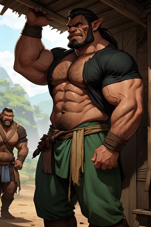Medieval fantasy Human prisoners in an Orc village butchering a freshly hunted boar for the tribe to cook later. Skin turning dark green. Sweat. Muscles. Dirt. Worn clothes. Torn clothes. Worn and torn shirt. Bloody hands. Blood-stained clothes. Prominent mouth tusks from lower lip. Crotch bulge. Bulging crotch. Growing muscles. deforming ears. Drooling over raw meat. "Meat ... hungry.... Eat...." Brute. Orc. Assimilation. Brainwashing. Giving in. Instinct. Dumber. Hyper muscles. Hyper bulging crotch. Loin cloth. Human to orc. "Me ... Me..... Orrrrrrc........" Peer pressure. Hypnosis. Corruption. conversion. Bigger and bigger. Dumber and dumber. IQ drain.