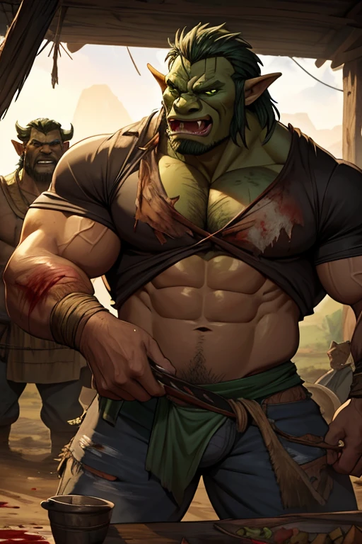 Medieval fantasy Human prisoners in an Orc village butchering a freshly hunted boar for the tribe to cook later. Skin turning dark green. Sweat. Muscles. Dirt. Worn clothes. Torn clothes. Worn and torn shirt. Bloody hands. Blood-stained clothes. Prominent mouth tusks from lower lip. Crotch bulge. Bulging crotch. Growing muscles. deforming ears. Drooling over raw meat. "Meat ... hungry.... Eat...." Brute. Orc. Assimilation. Brainwashing. Giving in. Instinct. Dumber. Hyper muscles. Hyper bulging crotch. Loin cloth. Human to orc. "Me ... Me..... Orrrrrrc........" Peer pressure. Hypnosis. Corruption. conversion. Bigger and bigger. Dumber and dumber. IQ drain.