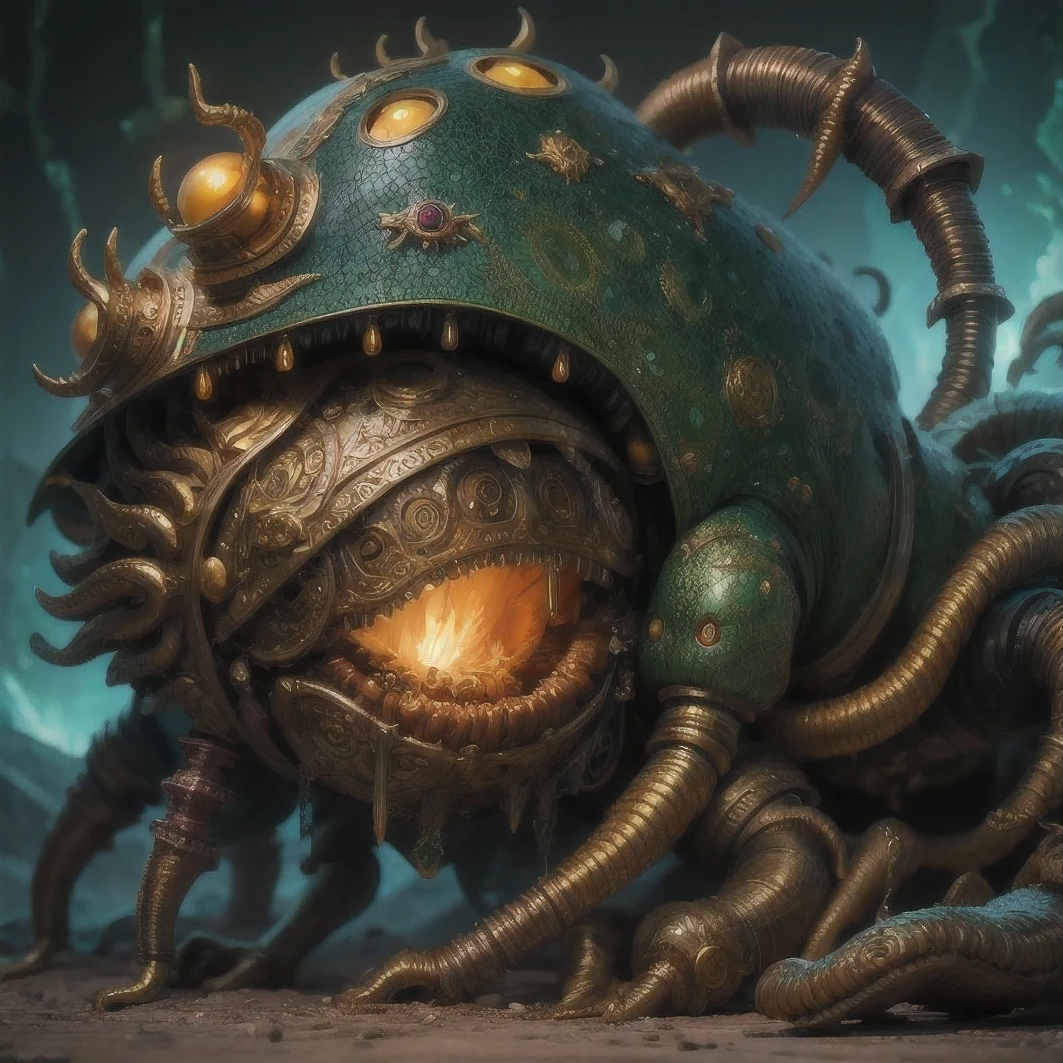 Cthulhu,a close up of a golden spider with a royal green emerald body and legs, steampunk spider, Mechanical spider red and cobalt blue legs, spider, Loers, spider, spider, Steampunk Scorpion, Very detailed barlowe 8k, Bright orange and blue legs, sculpture made of gold, author:Tajima Hiroyuki, full samurai armor spiderman, giger joker, insectoid,(((Degenerate )))(((Cthulhu )))