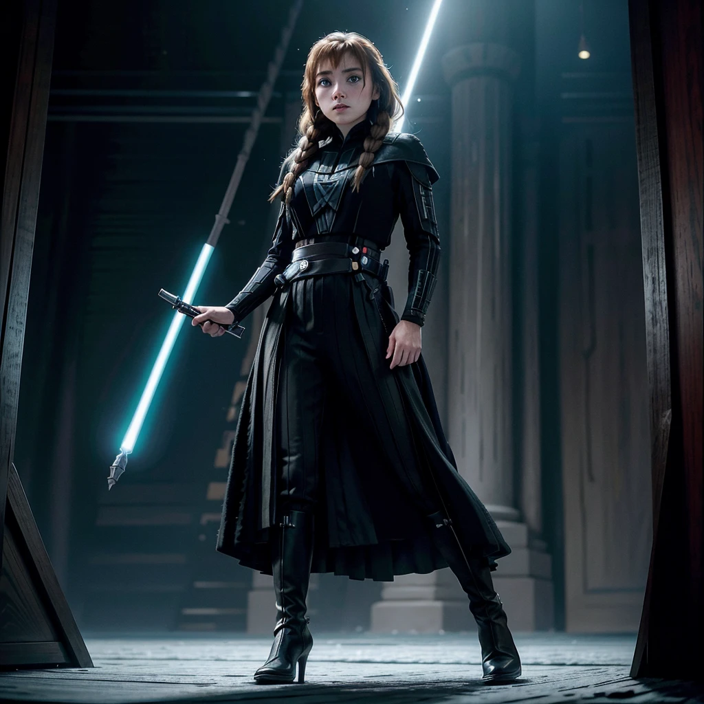 Anna, de Frozen (Disney) como una joven lord sith, disciple of darth vader, mirada enojada, usando falda corta negra y botas negras, sable de luz rojo.fondo tonos oscuros en una nave estilo Star wars, Cinematic scene, cinematic angle, ultra detalle, Photo studio, action poster style, photo, cinematic, poster, well detailed physique