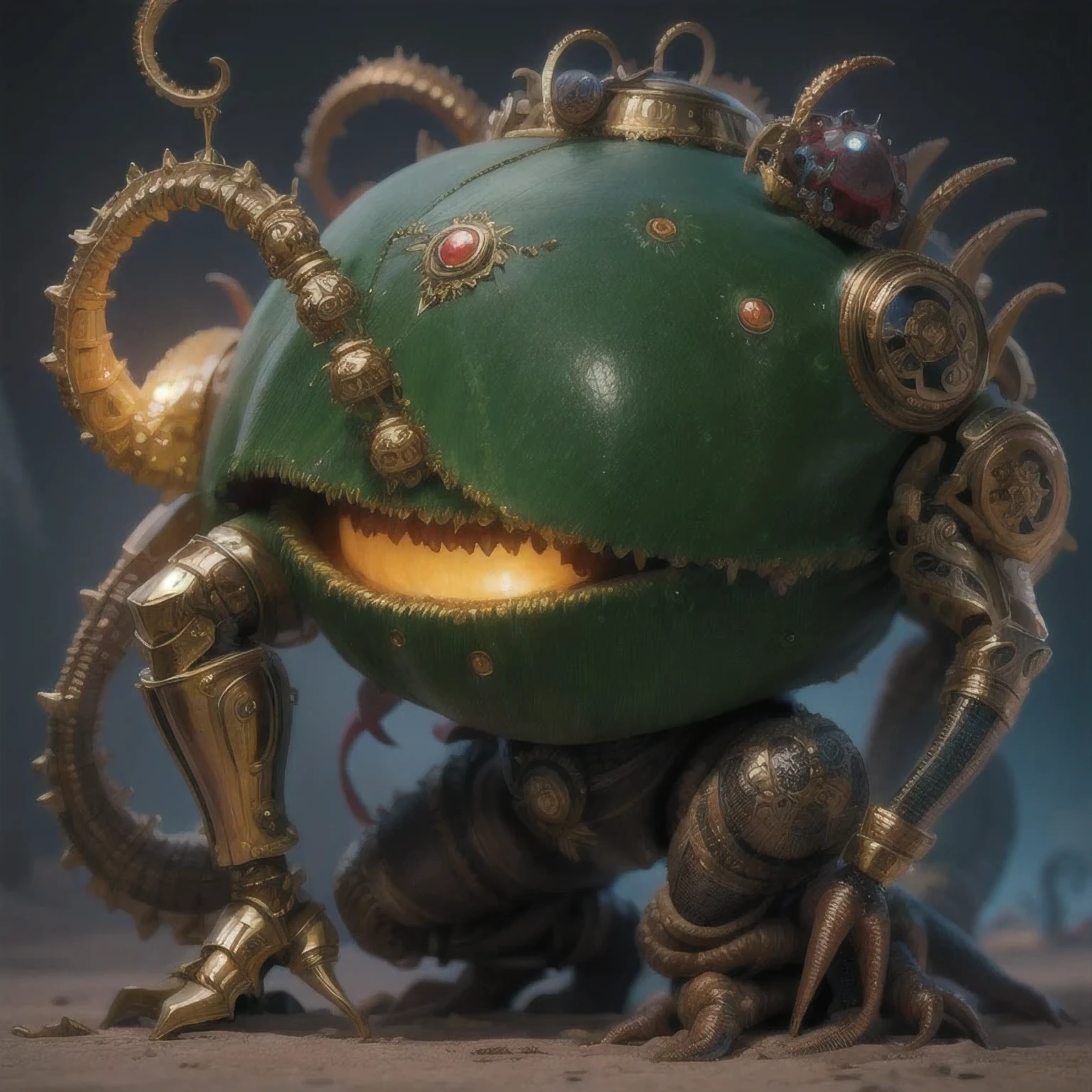 Cthulhu,a close up of a golden spider with a royal green emerald body and legs, steampunk spider, Mechanical spider red and cobalt blue legs, spider, Loers, spider, spider, Steampunk Scorpion, Very detailed barlowe 8k, Bright orange and blue legs, sculpture made of gold, author:Tajima Hiroyuki, full samurai armor spiderman, giger joker, insectoid,(((Degenerate )))(((Cthulhu )))