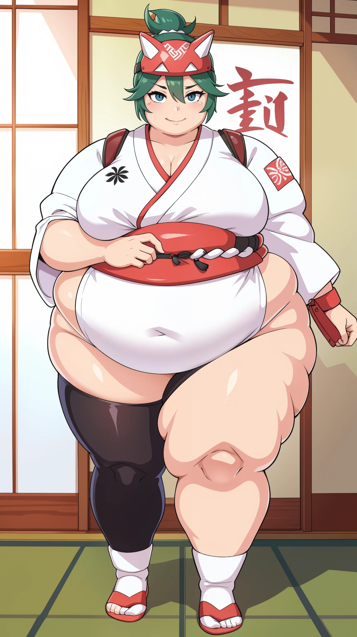 (Obese:1.1)japanese style white talisman, bedroom, accessories, wristlet, bandage ,Smirk, Looking at viewer,, full body
 