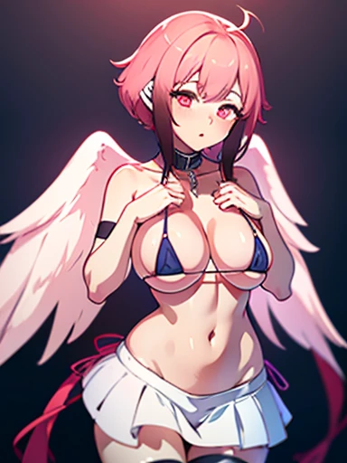 ((whole body))Icarus, Pink Hair, Eyes of Esmerald, angel wing, Expose your shoulders, Broken Lock,  Cleavage, collar, collarbone, feathered wing, belly button, pink wing, Micro Bikini, Red ribbon,  Robot ears, Knee socks,white Knee socks, wing, zettai ryouiki, An illustration, (One Girl:1.4), (masterpiece, highest quality, Shine光, Shine, Shiny skin, Very detailed), (Perfect Face, Detailed face, fine grain,Perfect hands,Perfect Fingers), (Center of chest, Blushed), (Mature Woman:1.4), short hair, (((Gradient Hair))), Paradise Background, ((8k wallpaper))