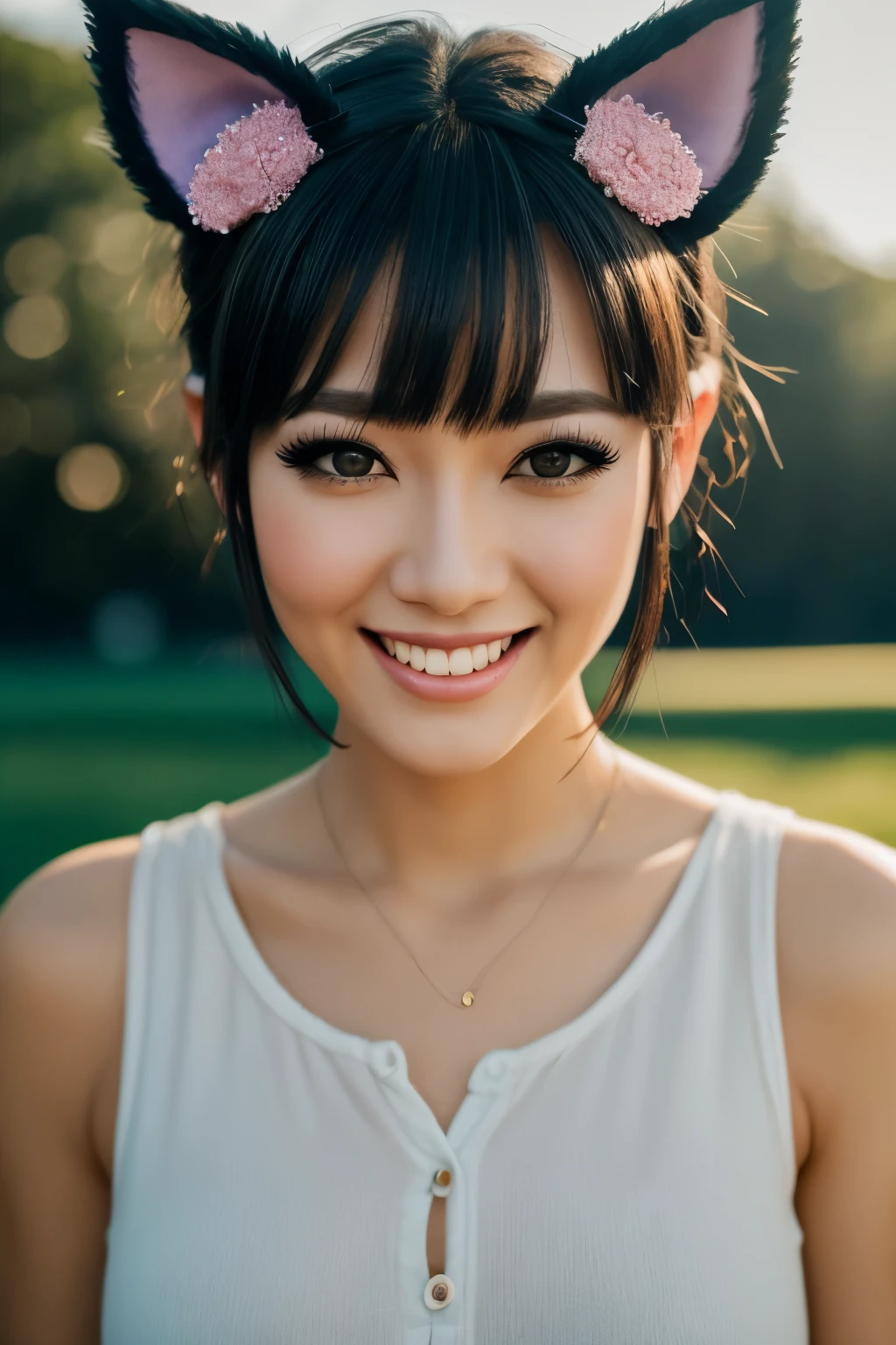 black hair, hair bobbles, wince, longeyelashes, solid circle eyes, fake animal ears, light smile, ear blush, fang, ccurate, best quality field, Surrealism, drop shadow, anaglyph, stereogram, tachi-e, pov, atmospheric perspective, 8k, super detail