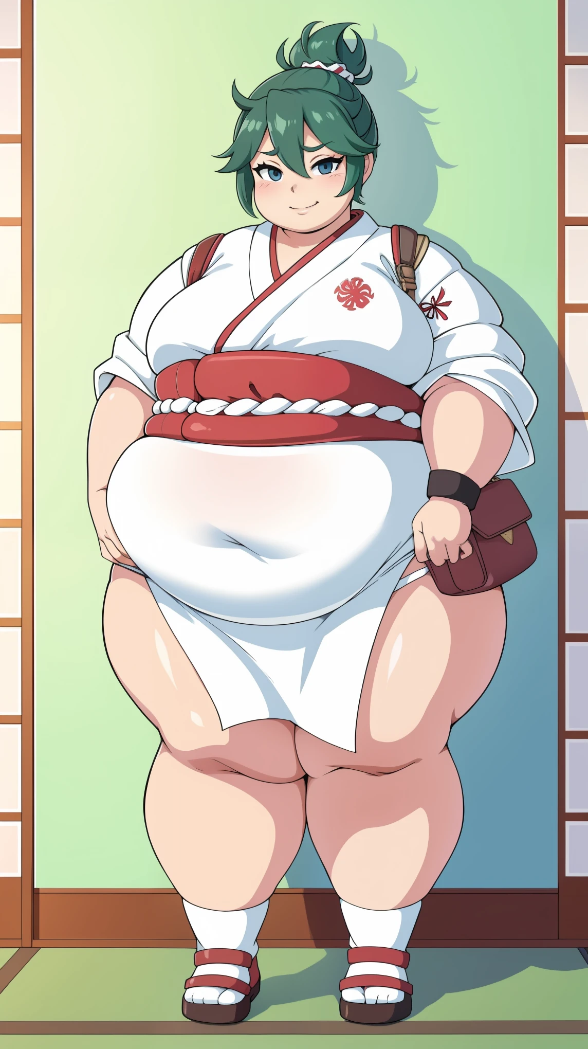 (Obese:1.1)japanese style white talisman, bedroom, accessories, wristlet, bandage ,Smirk, Looking at viewer,, full body