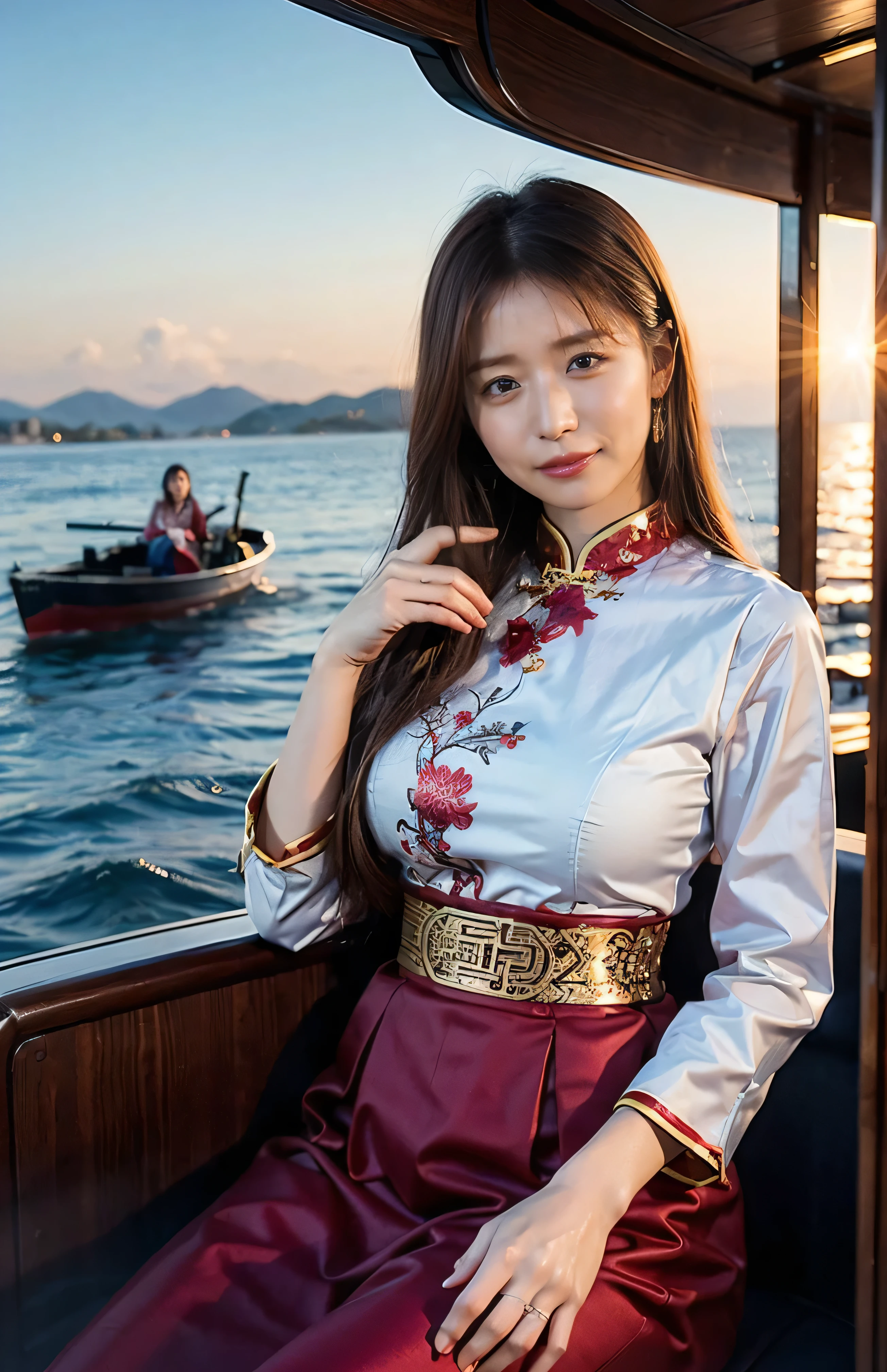 The sky turns red、Mountains in China々I can see、((hair ornaments:1.5)).A gorgeous gold embroidered Chinese dress、hair ornaments、Tie your hair elegantly、Gorgeous silk cheongsam、((Standing on a boat and posing sexy、Luxurious and shiny wine red Chinese dress with embroidered long skirt:1.4)).A luxurious and shiny silk cheongsam、A luxurious navy blue cheongsam with embroidery、Woman standing on a boat、Light brown hair、Elegant hairstyle、Blue Eyed Woman、A woman with a cute upward gaze、When the sky gets dark、The gentle light of the ship shines、The sky turns red as the sun sets、I can see your body lines in tight clothes、、Elegant navy blue summer knit、Elegant black summer sweater、Short skirt、Dress elegantly着こなす、Luxury Bagedium Shorthair:1.4））、Skyscrapers seen across the sea、Manhattan 私sland is visible offshore、Woman on a sightseeing boat、、The sun shines on her、Light brown hair、Light brown hair、The sky was dyed red、There are clouds、private's cute、An elegantly dressed woman is sitting on a boat and watching the sunset、Her ample breasts are obvious even through her clothes..、The shining sun is so beautiful、Dusk is approaching、Lens flare、I can see the sunset、（（Sunlight reflecting off the ocean、Ocean View、The sun shines on the sea、&#39;beautiful.、Small earrings、private&#39;evening、Birds are also flying、、Brown Hair Color、Tying up hair、The woman is on the right:1.4））、Luxury Leather Belts、Shiny clothes、Light beige hair color、Background Blur、Braid only the front hair、Light brown hair、｛｛Cowgirl Shot｝｝、（（Close-up shot from the waist up、Ample breasts:1.4））、Smile、Silk clothing、Ample breasts that can be seen even through clothes、Braid only the front hair、Cowboy Shot、Gorgeous white collared silk shirt and brown skirt、Dress elegantly、Luxury Bags、A lovely smile、（（Ample breasts））、Full body photo、ring、Short skirt、Tuck your hair behind one ear、Silver Necklace、smile、 Elegant ponytail、Caustics、Highly detailed photos、Very beautiful and ideal short hair、Super no makeup、(8k、RAW Photos、highest quality、masterpiece:1.2)、(Realistic、Realistic)、1 girl、((Medium Short Hair、Looking into the camera:1.4))、Hair blowing in the wind
