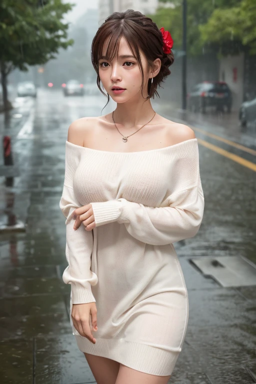 A girl alone in the rain、Blushing、View your audience、heavy rain、Big Breasts、thin, See through, Her wet white sweater dress clung tightly to her chest.,Off-the-shoulder tight sweater dress,、Under the Rain、Girl without an umbrella、Wet Face,Wet Skin、Wet body、Wet costume、Wet Hair、flower、hairpin、necklace、Looking up from under the earrings、Written boundary depth、尖ったRed Mouth、(Reddish brown wet shiny short hair,,,,,,,),Red Mouth,clavicle、Beautiful fingers、Hourglass Shaped Body、Full body portrait、cute Wet Face、Digital Illustration, (Realistic:1.3),(RAW Photos.), (Tabletop,highest quality,Ultra-high resolution output images,) (8K quality,),(Picture Mode Ultra HD,),(Picture Mode Ultra HD)、
