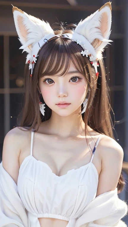 masterpiece, highest quality ,(((Full body photo)))、 Consciousness upward,1 perfect portrait of a girl, A fascinating eye for perfect detail, Colorful Hair, (red+White and soft hair:1.6), (White fox ears:1.3), ファンタジーなredい背景, {Sexy exposed shoulders} ,{Long-term alienation_sleeve}, {Lean forward slightly}, If you look up, hair ornaments, {shy },Please keep your mouth shut, Tilt your head, Cinema Lighting, Larger clothes, ((Seductive pose)),