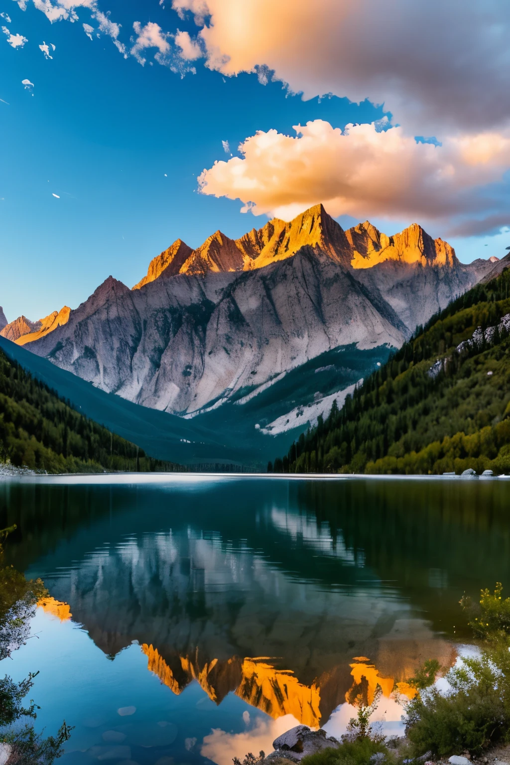 Valle con lago en el centro, bosque al rededor, a mountain range, grandes nubes y un atardecer
