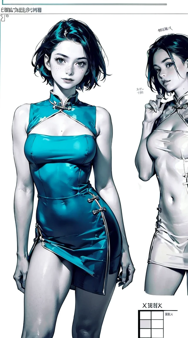 {high definition image}, 1 beautiful russian woman, 30 years old, short hair (pixie cut), pointed nose, thin lips, busty, freckles on the face, wearing a mini bikini, looking at the viewer with a neutral expression, {centered image}, {close up on face}, {just face and chest photo}, Manga lineart (monochrome), grayscale, background moon ((highest quality)), ((masterpiece)), ((realistic)) 19 years old, redhead girl, shoulder length hair, relaxed and happy face ((thin)) (Big breasts), ((( Chinese dress turquoise blue short dress))) (((mini skirt))) ((sexy dress)) Odango hairstyle (((detailed character sheet, Front view, Side view, 3/4 view))) (((white background))) 6 and a half whole bodies