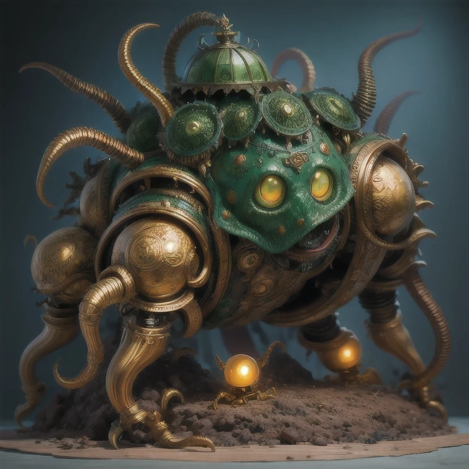 Cthulhu,a close up of a golden spider with a royal green emerald body and legs, steampunk spider, Mechanical spider red and cobalt blue legs, spider, Loers, spider, spider, Steampunk Scorpion, Very detailed barlowe 8k, Bright orange and blue legs, sculpture made of gold, author:Tajima Hiroyuki, full samurai armor spiderman, giger joker, insectoid,(((Degenerate )))(((Cthulhu )))