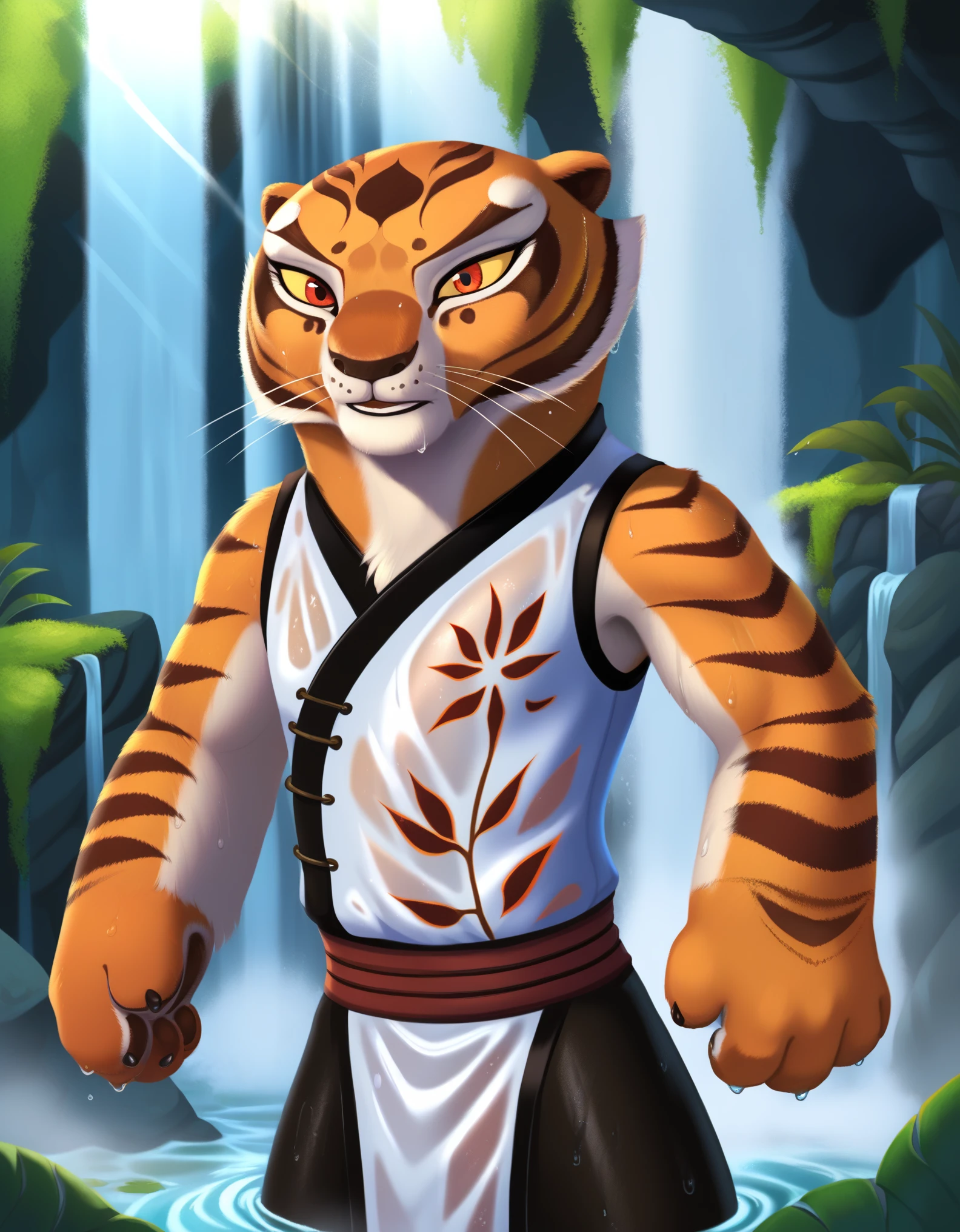 rating_safe, score_9, score_8_up, score_7_up, score_6_up, source_furry, solo, 1girl, female, master tigress from kung fu panda showering under a waterfall, kung fu panda style, wet, furry, detailed fur, in water, detailed waterfall background, rock, cartoon, 2d, yellow sclera