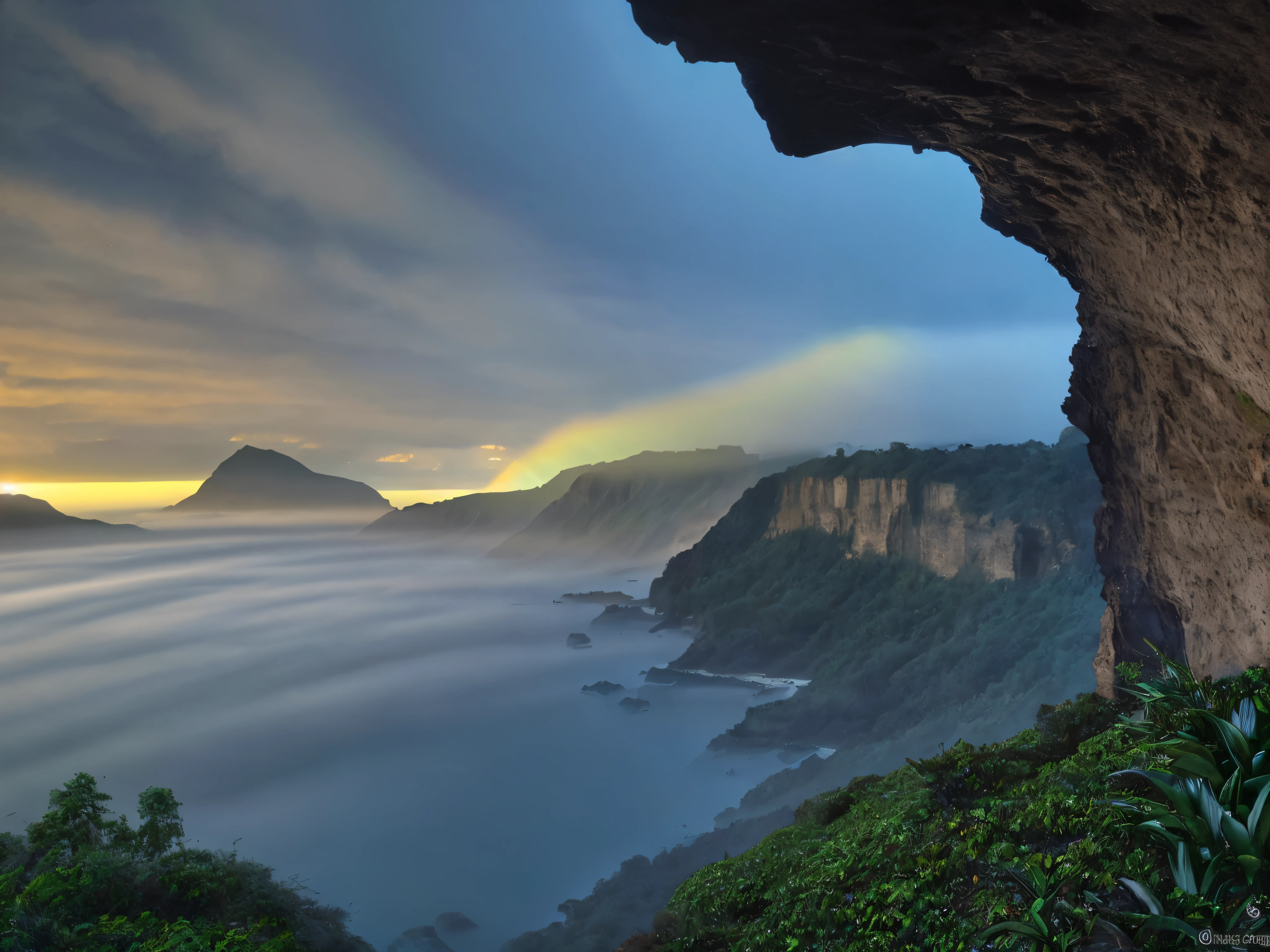 Magnificent view，Forest mountain landscape photography，Nature，It just rained，Harsh winter，Bushes in the moonlight，breeze， Eau，Rocks at night，Boulders，cobblestones，1 Moist white Phalaenopsis orchid in moonlight on the edge of the cliff，foggy sky，Nightmare vision， Dark fantasy plot，Perfect and excellent composition，8K resolution，the detail，Rain trails，dampness，water stain，very wide angle shot，Jack Guzman's environmental art photography，realisticlying，cinematic compositions，Volumetriclighting，vividness, A detailed, stunning skies, Colorful clouds float，true to life, Pubic area is clear, flawless perfection, Digital SLR, 16k, 1024, 2048, 4096, A detailed, Sharp, best qualtiy, high qulity, absurderes，unmanned background，The is very detailed、Detailed lighting shadows，Trends on ArtStation、iintricate、high detal、dramaticidjourney Art（Volumetriclighting：1.2）hdr shot。（Faraway view，Super deep view，ultra-wide-angle，Microfocal length lens：1.2）（realisticlying：1.4）tmasterpiece、high high quality、Beautiful photography、globalillumination、