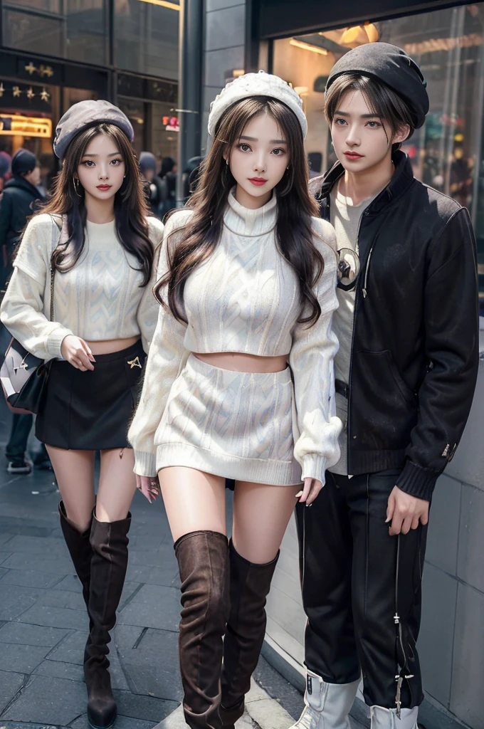(high quality), (SFW:), (a little smile), (the shopping mall :1.3),(1 girl is shopping with 1 boy in department store.:1.5), (she is 20 years old:1.3), (her body is very slim and attractive.:1.4), {(her costume is feminine as follows - (Dyed fancy hair :1.5), (fleece beret:1.5),(Knit that sticks to the body :1.5), (Miniskirt that clings to the hips and thighs :1.5), (Her legs are beautiful that weared shiny pantyhose. :1.5),(feminine accessories :1.5), (Heavy face makeup and nail art on the nails : 1.5), (Over_knee Suede Long boots high heels : 1.5)}, (The costume described before do not apply to except one girl :1.8), (her boyfriend wearing men's wear and sneakers.: 1.5), (he walking side of her he is being touched her body :1.6), (korean agers : 1.6), (She is being blackmailed by them.:1.5),