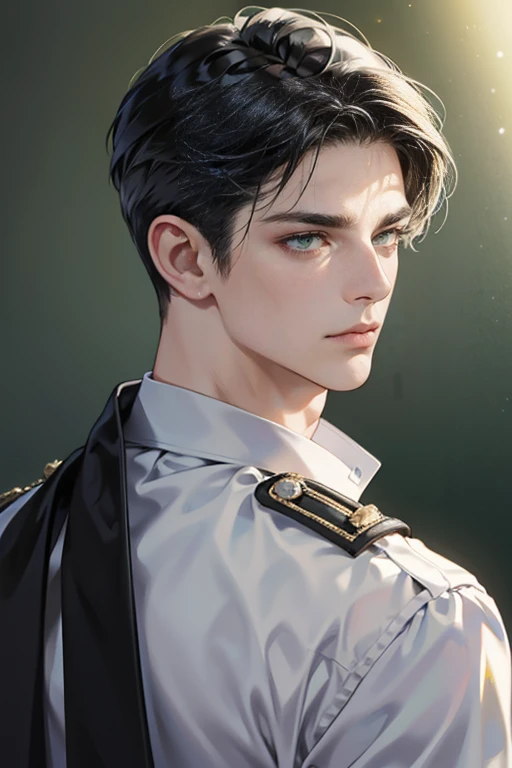 masterpiece close-up shot of a man, he has short black Quiff hair with Soft Fringe (bangs part on side 3:7 ratio), (green eyes), cold look, sharp eyes, stern face, aristocratic appearance, background, white background, taller man, 36years old, wearing police chief uniform, police chief, man police uniform, HD quality, man police chief, masculine, badass
