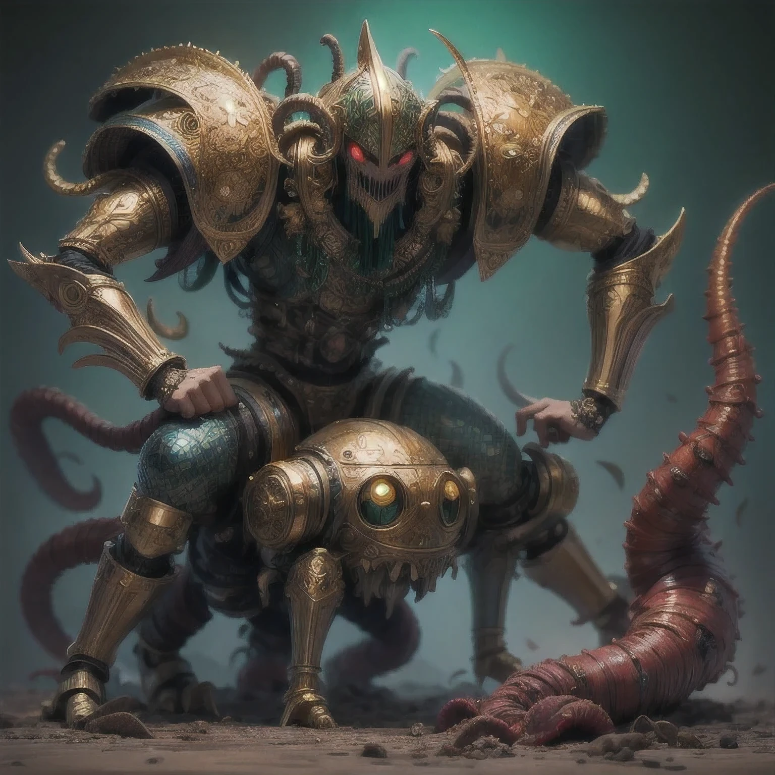 Cthulhu,a close up of a golden spider with a royal green emerald body and legs, steampunk spider, Mechanical spider red and cobalt blue legs, spider, Loers, spider, spider, Steampunk Scorpion, Very detailed barlowe 8k, Bright orange and blue legs, sculpture made of gold, author:Tajima Hiroyuki, full samurai armor spiderman, giger joker, insectoid,(((Degenerate )))(((Cthulhu )))