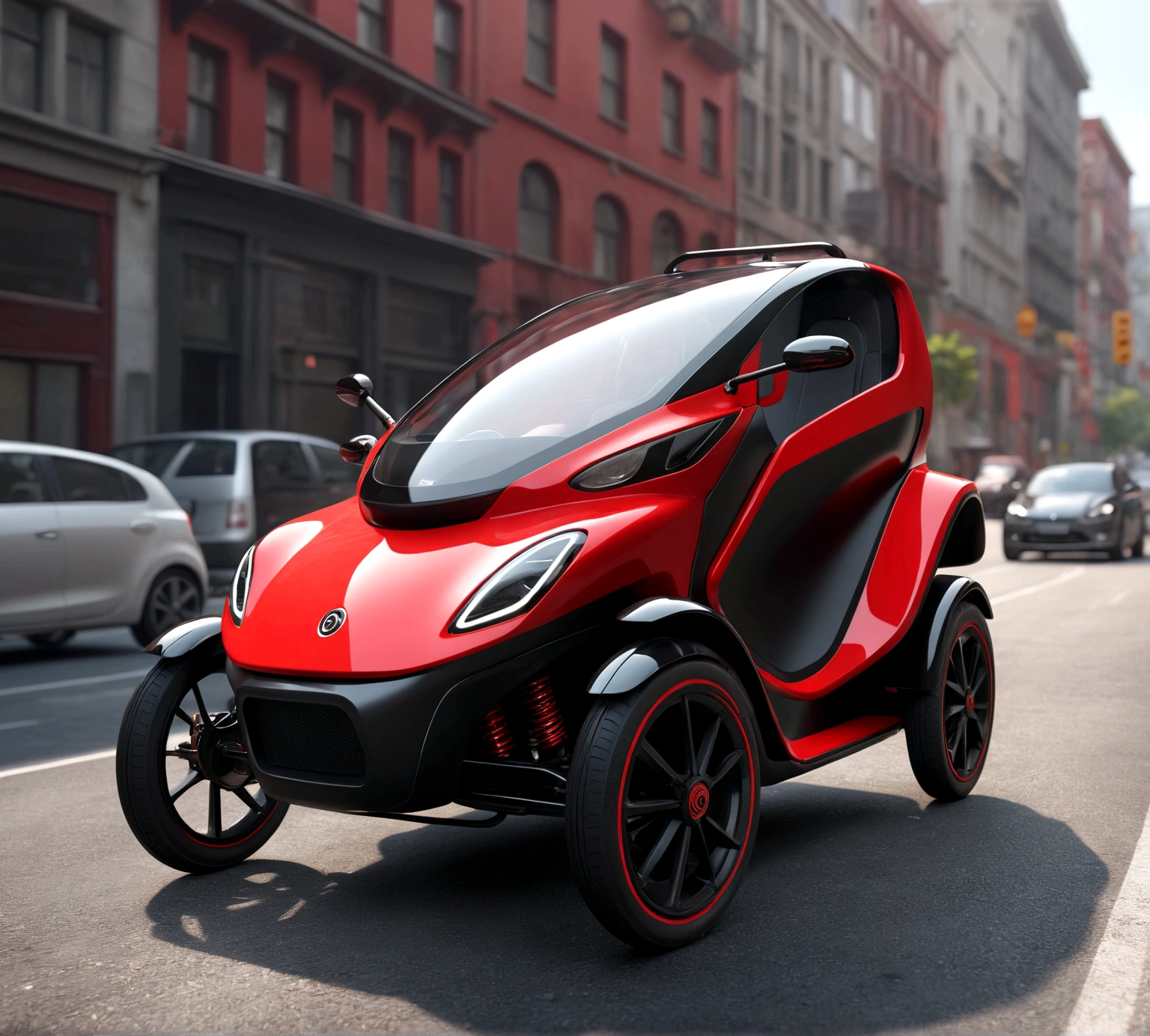 Close-up of a small red and black tricycle, Front perspective, Karma electric car, depicted as a 3 d render, front Photo, Traffic design renderings, red realistic 3 d render, It has red and black paint, Redshift Rendering, author：Kurt Rosch, Vehicle Design Trends, Height Rendering 