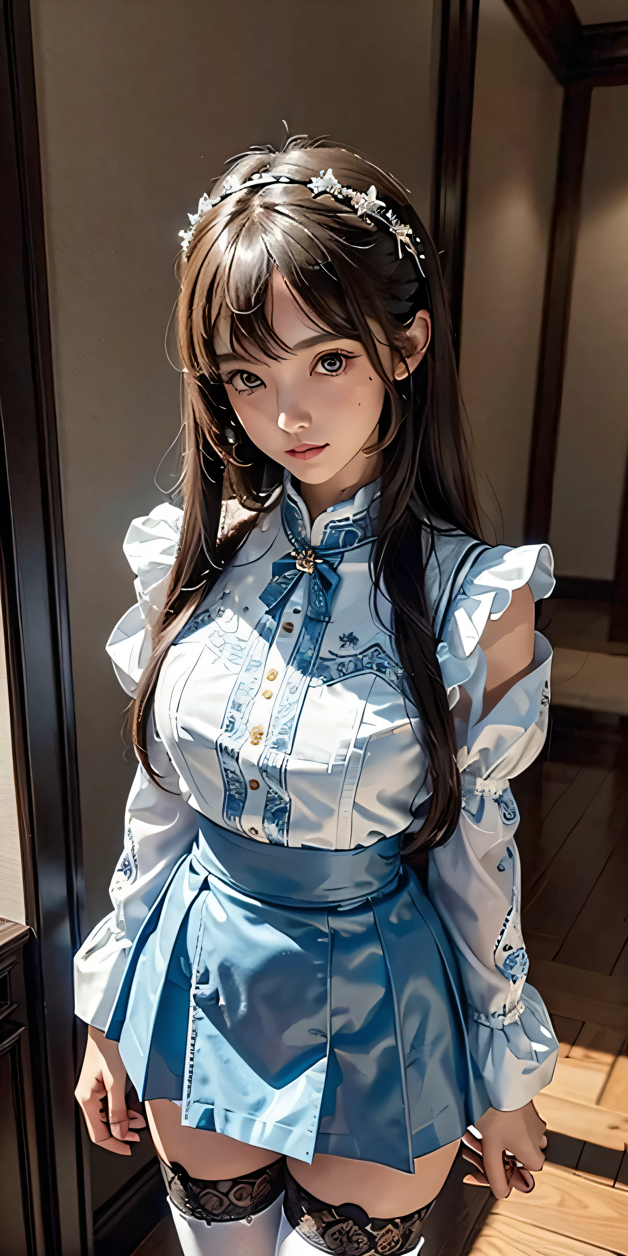 (((profesional: Paso a paso, taking into account even the smallest detail, Resultado final a nivel de Dios, imagen: todos los detalles intrincados, todo el cuerpo con detalles intrincados, solamente 1girl, Disparo de vaquero)))): "Traje original, 1girl, solamente, Cabello largo, muslosaltos, blue muslosaltos, They are smiling, Zettai Ryouiki, arms behind back, Mirando al espectador, leaning forward, Mangas separadas, falda, "