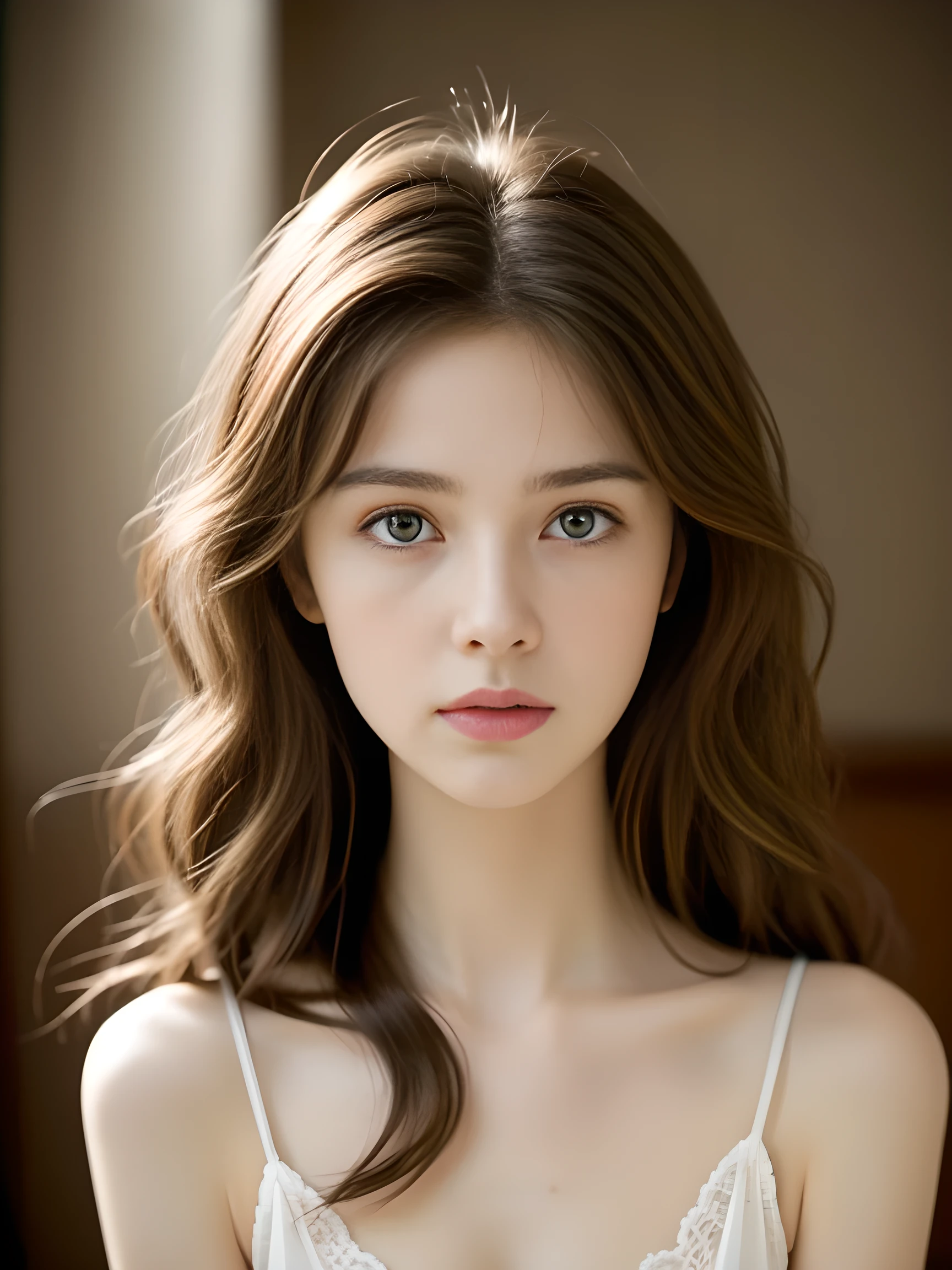 (Look away:1.4), (Upper body shooting:1.2), Realistic female portrait digital, Lovely, Open your mouth to speak, sad, blue eyes,  (Medium-long hair in wavy shapes:1.1), (Light Brown Dark Brown Hair:1.3), (Very delicate skin:1.2), Mysterious style, Global Illumination,Foreigners，masterpiece