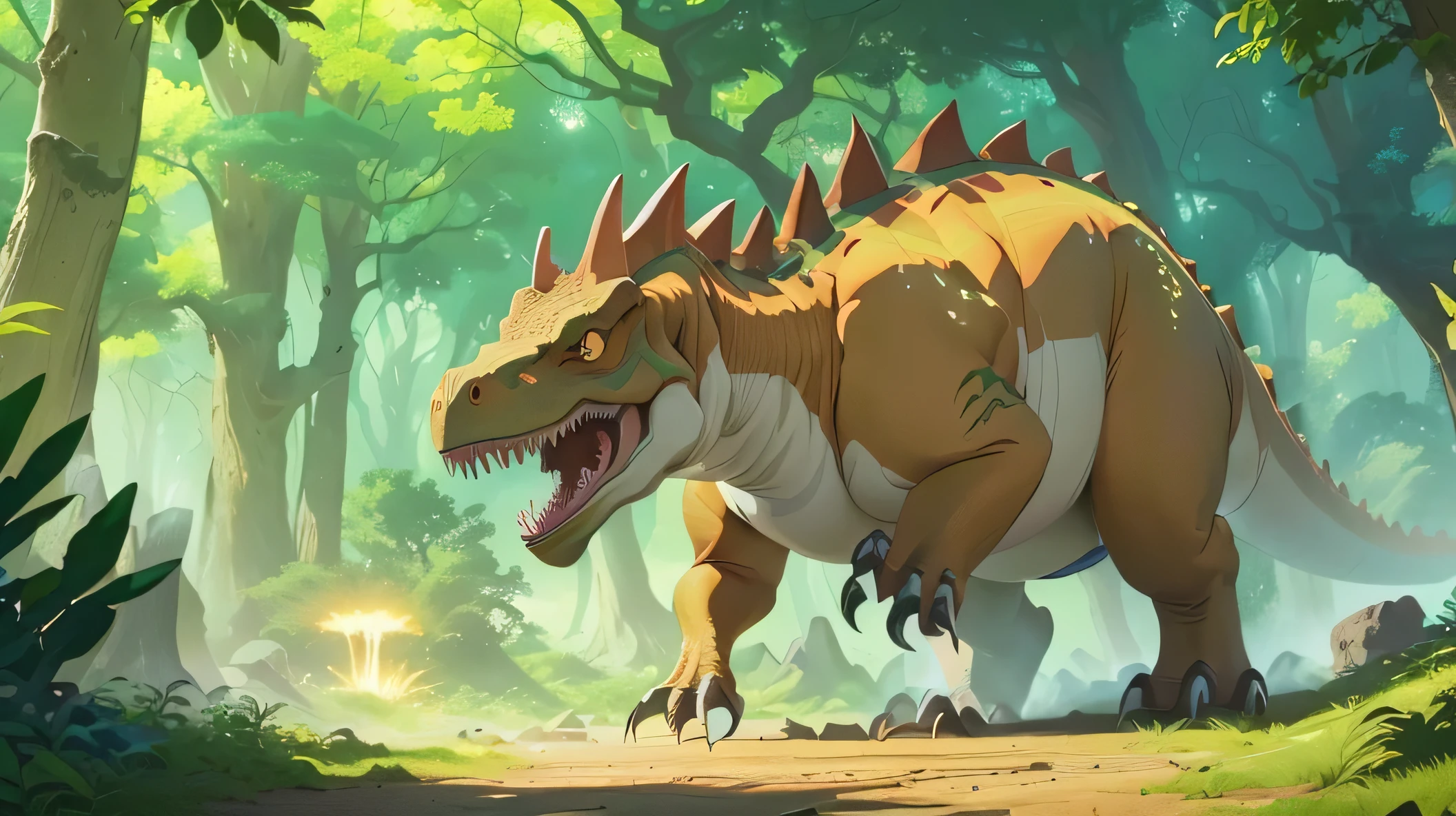 There was a dinosaur walking in the woods, Animated movie screenshots, In animated films, spinosaurus, Terex dinosaur, Animated films by Hayao Miyazaki, Alolong, high quality anime movie still, Anime screenshots, Ghibli Animation, Tyrannosaurus rex, Studio Ghibli Anime screenshots, Official Art, Jurassic images, Ghibli screenshots, Terex,There is a cartoon dinosaur standing in the woods, dragon our species, The meteorite impact behind the dinosaurs, Tyrannosaurus rex drinks huge IPA, From Hearthstone, Artgerm and Atey Ghailan, A dragon resting in a cave, author:Lisa Nankivil, Background artwork, Lars van Baarle and Louis van Baarle, Jurassic images, Collectible Card Art,una Feroze batalla entre un T-Rex y un triceratops, (best quality, 4k, Altas Resolampones, Super detailed), Fierce Battle, roars and trumpets, Dusty prehistoric landscape, Realistic shadows, Bright colors, (detailed, complex, meticulously made) Dinosaur scales and textures, Dynamic Action, (Feroze, Decide) The expression on the face of a dinosaur, (powerful, muscular) Body, Sharp teeth and horns, (Big Ass, momentum) size, (Dramatic, Dynamic) lamp, (powerful, Full of energy) posture, (nervous, expected) up in the air,1 vs 1,Blood,hunt,Endocrine defense,life and death battle,Super Fine,Sharp Teeth