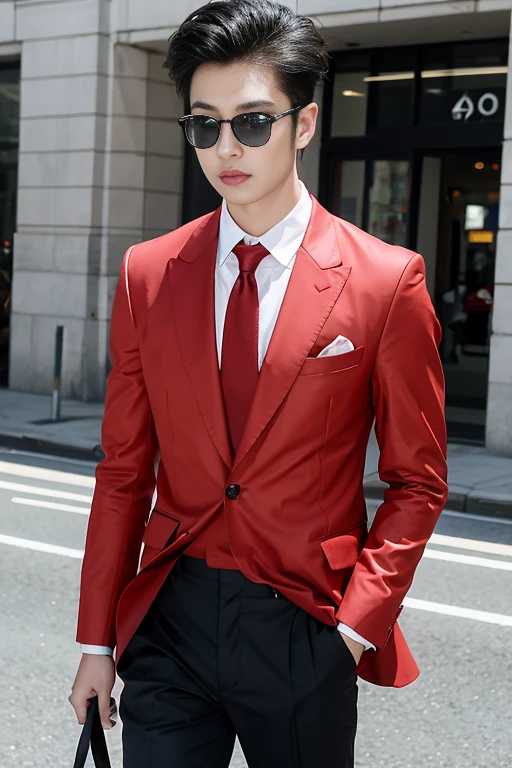 Asian male model on the street，and his wedding car，Cool red car，SLR in hand，Suit and tie