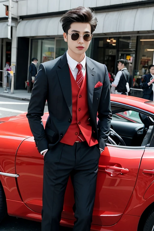 Asian male model on the street，and his wedding car，Cool red car，SLR in hand，Suit and tie