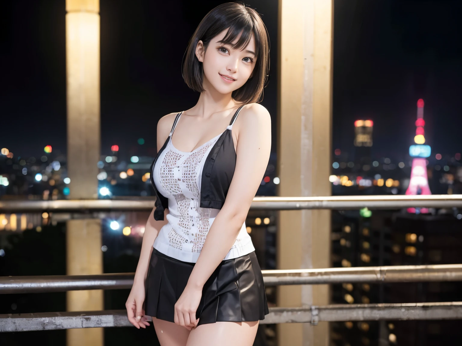 (Realistic: 1.4), (highest quality: 1.4), Ultra-high resolution, (fine grain),Full Body Shot,((Pose for gravure photography)),1. High school girl、Short Cut、(Straight bangs)、,1 girl, Tokyo, night, Cityscape, City lights, Black camisole,Black pleated skirt, smile, (8k, RAW Photos, highest quality, masterpiece: 1.2), (Genuine, photoGenuine: 1.37),smile,Idol,