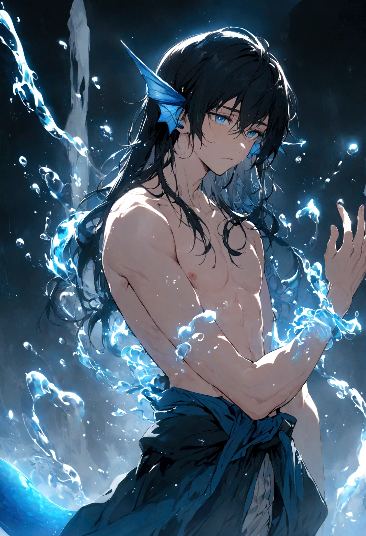 Male: Black hair down to his waist, with 2 blue strands, blue eyes, has a blue fish tail, fins at his elbows, has fish ears, uses water magic, is shirtless
