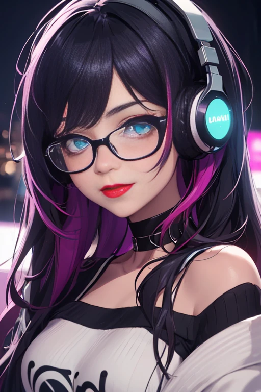 ((best quality)), ((masterpiece)), ((detailed eyes and face)), POV view from above, perfect face, female, gamer girl, aqua eyes, cherry-red lips, light smile, long black hair, purple streaked hair, wearing headphones, bangs, ribbon, choker, nerdy glasses, she is naked, large breasts, nipples exposed, she laying down flat on a bed