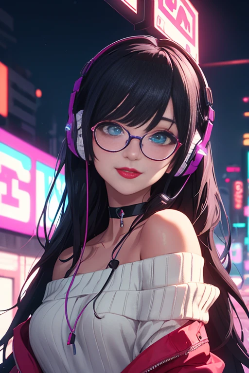 (Best quality, Ultra detailed, Masterpiece:1.2), 1girl, perfect face, female, gamer girl, aqua eyes, cherry-red lips, light smile, long black hair, purple streaked hair, purple highlights, bangs, choker, nerdy glasses, wearing headphones, white off-shoulder sweater, nighttime, neon lights in the background, colorful lights
