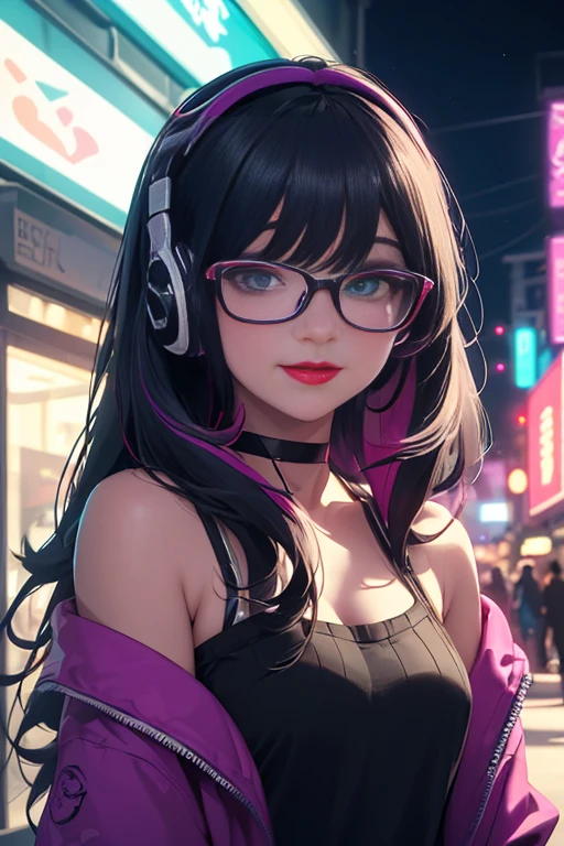 Highest quality,Highest Resolution,sexy,headphone,Vibrant colors,Very beautiful eyes,Big Breasts,whole body,Glasses,Black Hair,Neon color