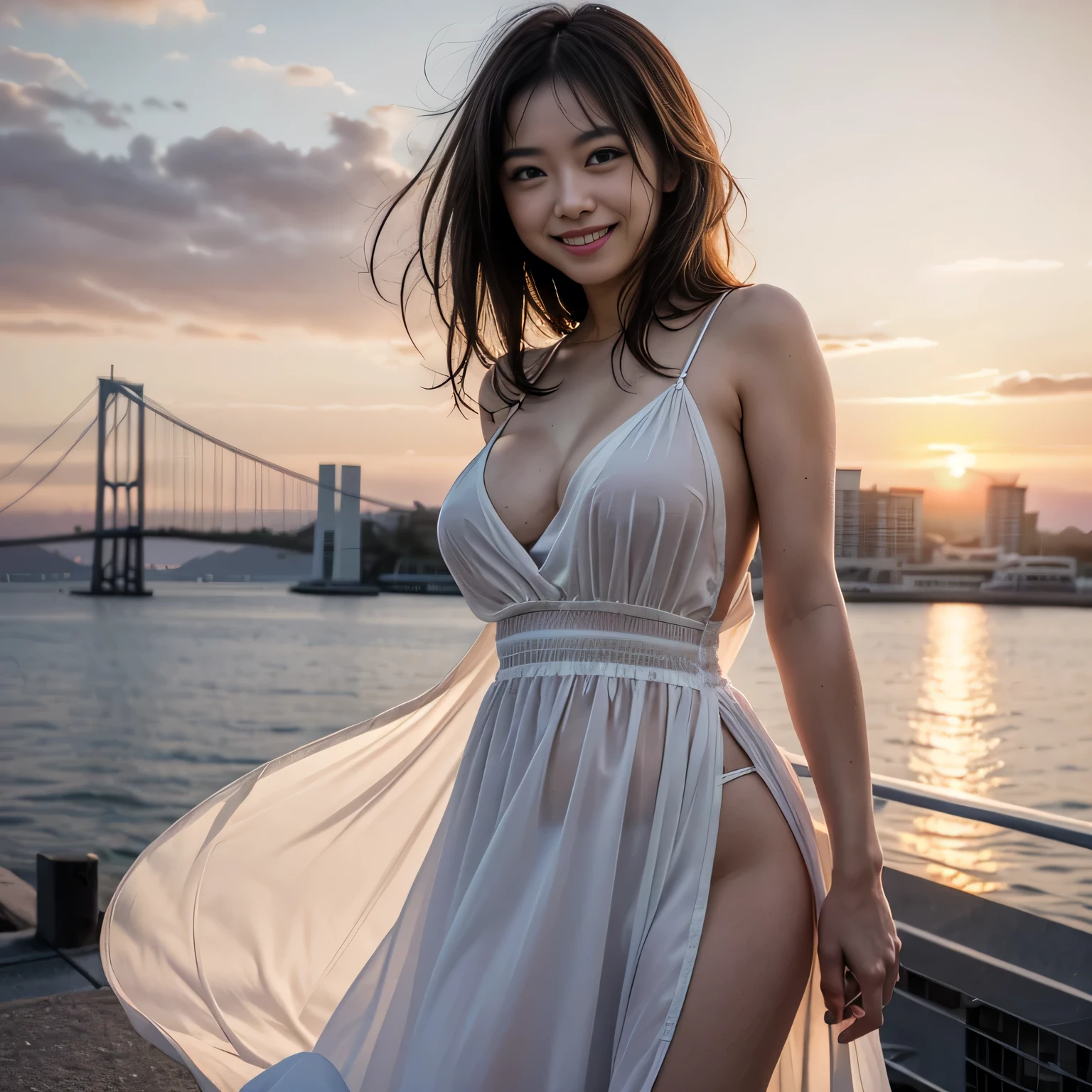 raw photo , 8K, ultra detailed, (realistic:1.2), masterpiece, (1girl:1.3), (long dress), (wind:1.4),(smile:1.4),(sexy:1.5),(akashi kaikyo bridge), (sunset:1.5),(ray tracing:1.3)