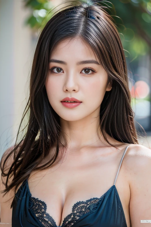 ((Best quality, 8k, Masterpiece :1.3)), Sharp focus :1.2, A pretty woman with perfect figure :1.4, Slender abs :1.2, ((straight black hair)), (puffed big breast, ample cleavage, soft skin), Highly detailed face and skin texture, wearing strapless lace bra, Double eyelid